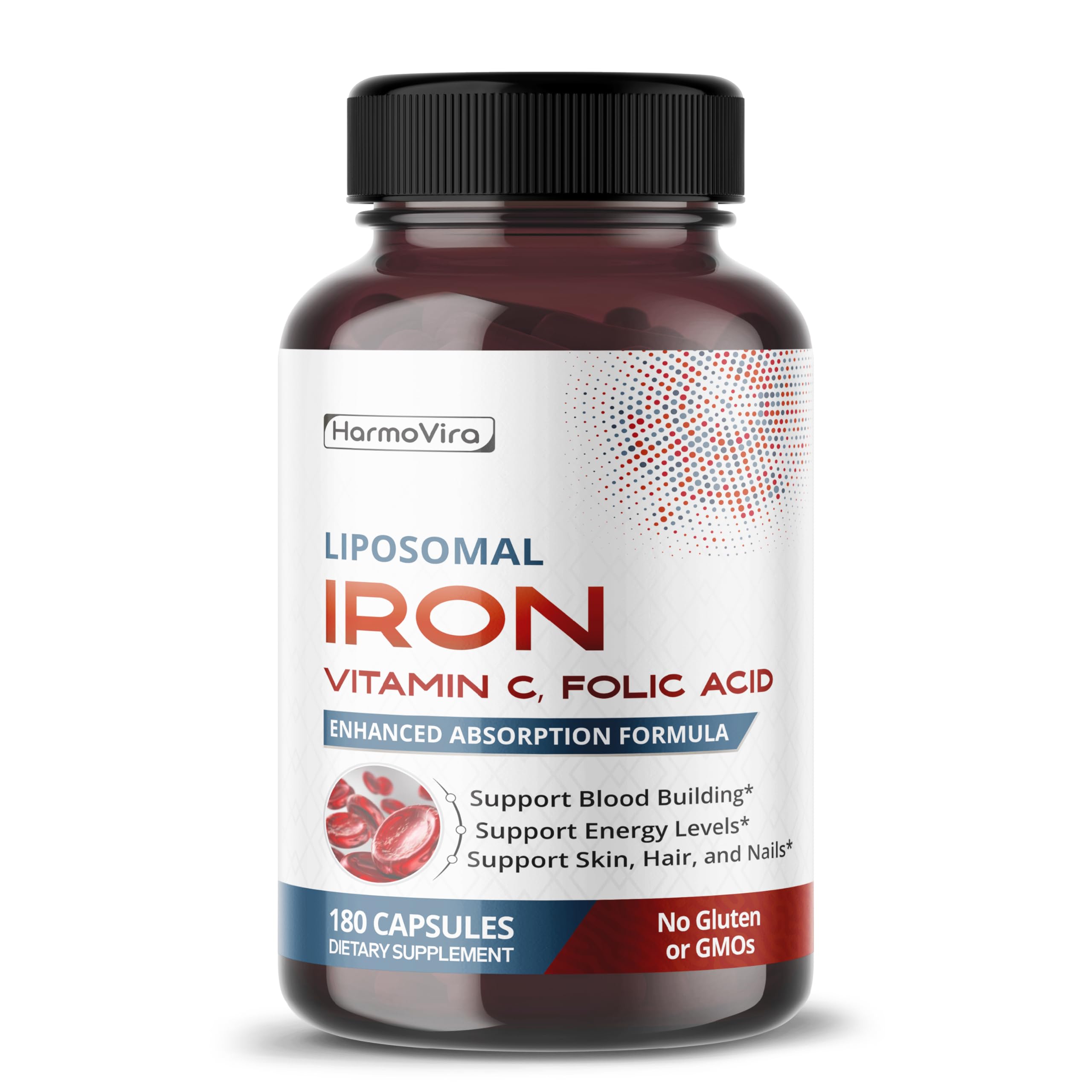Liposomal Iron with Vitamin C, Folic Acid, B12, B6, B1 – Support Energy & Red Blood Cell Formation – Gentle Formula – 180 Capsules – Non-GMO, Gluten-Free – Made in USA*