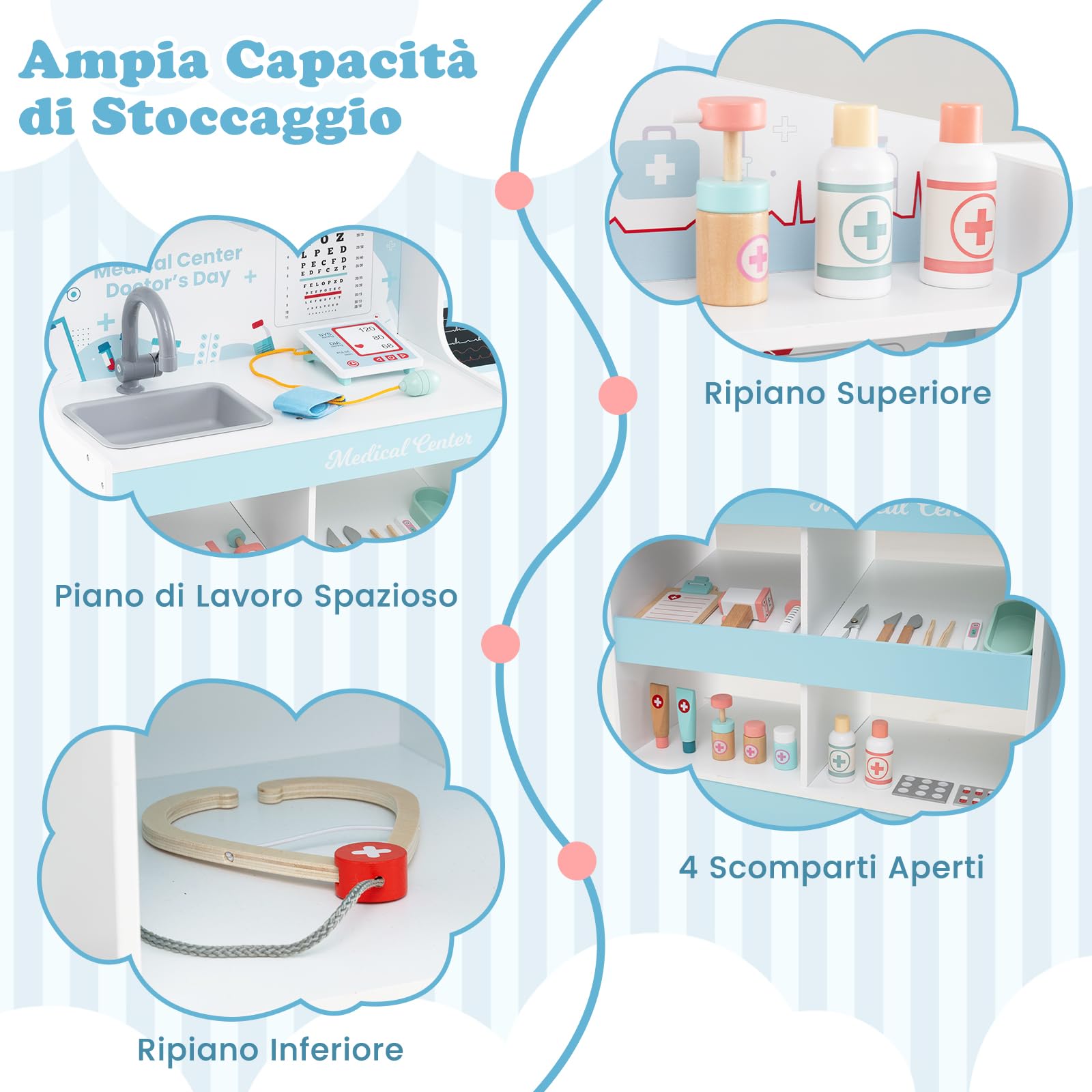 RELAX4LIFE Set da Gioco Dottore in Legno, Attrezzo Medico Giocattolo con Tetoscopio, Tabella Oculistica e Monitor ECG, Giocattolo Educativo per Bambini 3+ Anni (Blu)