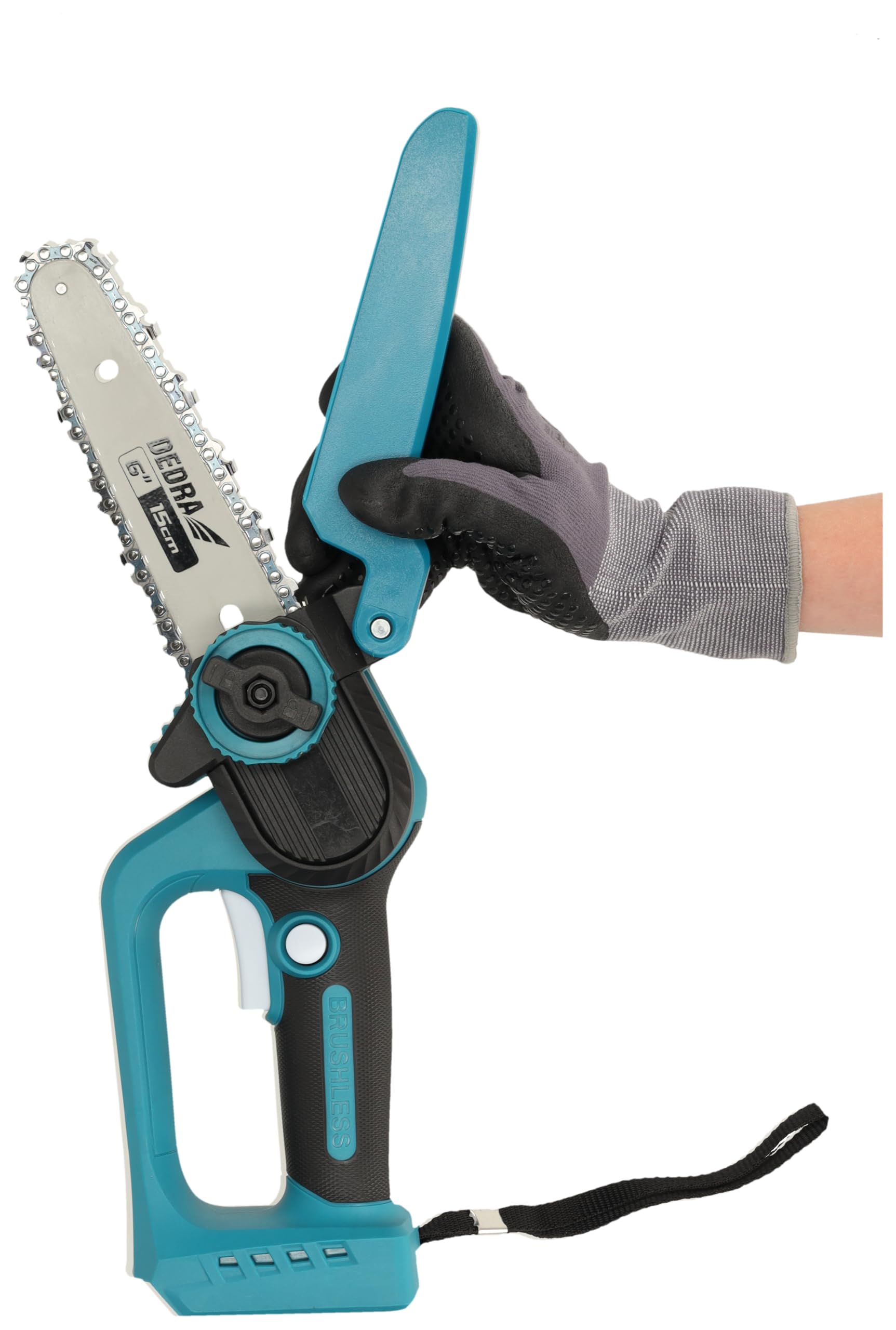 Dedra SAS+ALL DED7180 18 V – bezszczotkowa mini piła łańcuchowa 6ʺ (150 mm), 5400 RPM, cięcie do 140 mm, beznarzędziowy napinacz, lekka konstrukcja (0.9 kg), bez akumulatora i ładowarki