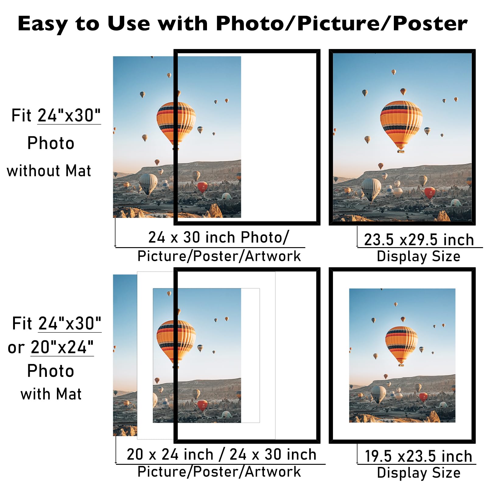 JCJMY Cornice portafoto 24 x 30 cm con tappetino 50 x 61 cm, foto 20 x 24 con passepartout o 24 x 30 senza tappetino, da appendere alla parete, cornice grande per poster da 61 x 76 cm con plexiglass