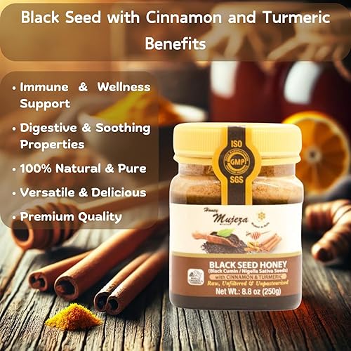 Miniatura 3 de Paquete de 3 Miel de Semilla Negra con Canela y Cúrcuma  Miel Natural  Miel sin gluten  Sin OGM  Sin Calentar  Sin Filtrar 500g  17.6oz  Mujezat