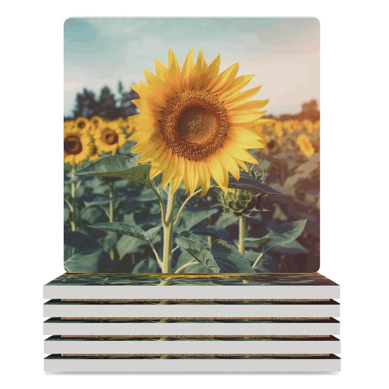 Dessous de verre ronds en céramique motif tournesol avec support, lot de 6