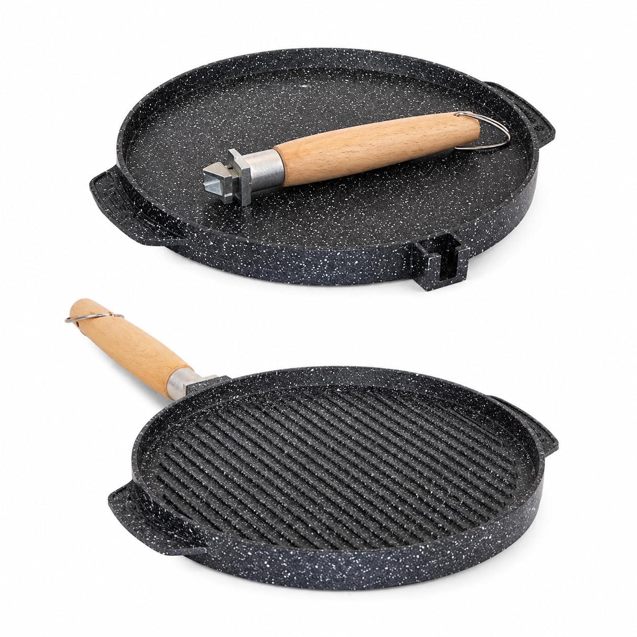 Generico Padella piastra in alluminio 32 cm bistecchiera grill con superficie rigata, doppia funzione liscia e griglia, manico removibile, ideale per carne verdure e cottura su fornello