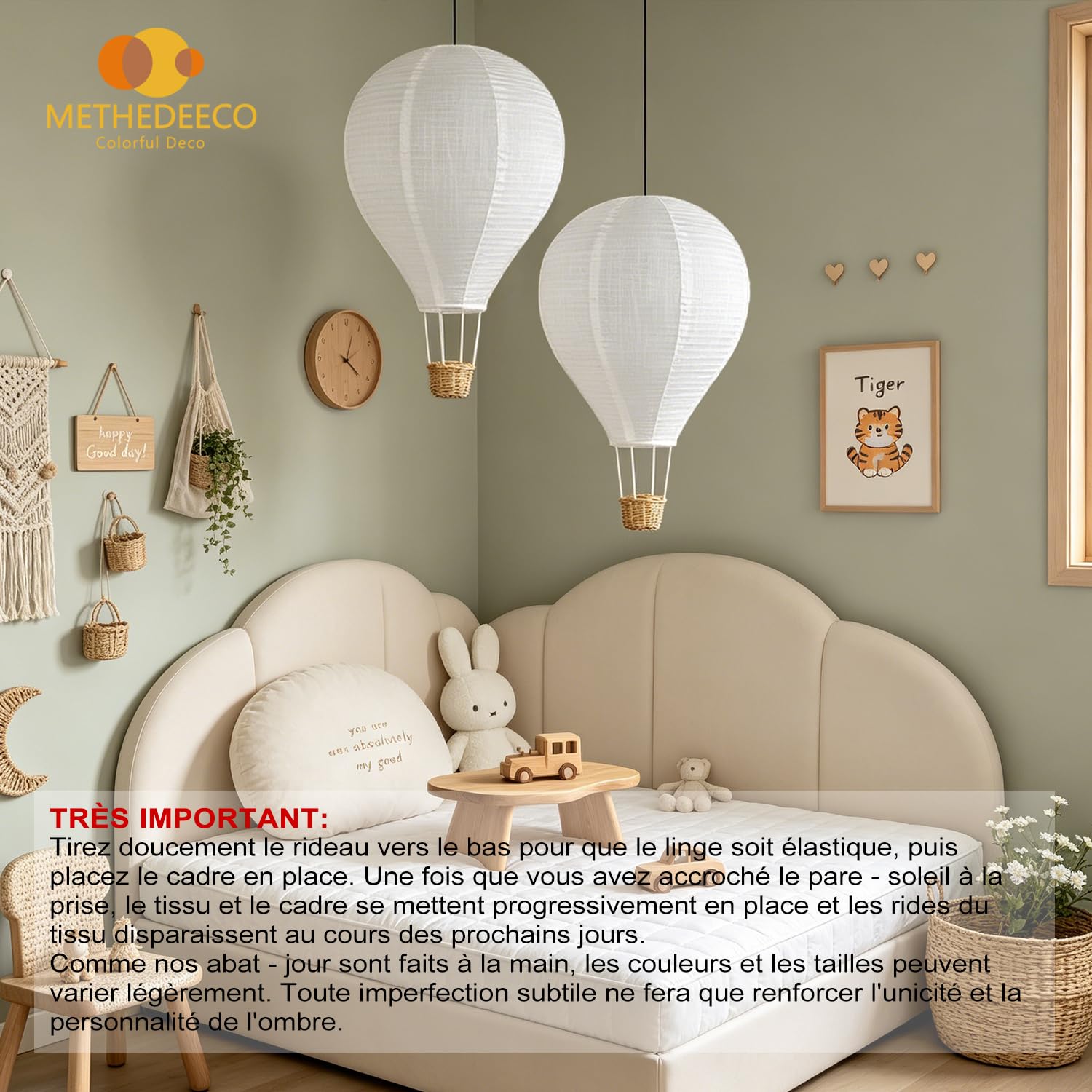 METHEDEECO Lot de 2 Abat-Jour Suspension Montgolfière en Tissu, 34 x 55 cm, Blanc Suspension luminaire enfant faite main, Décoration Chambre Bébé et Enfant, Diffusion Douce de la Lumière