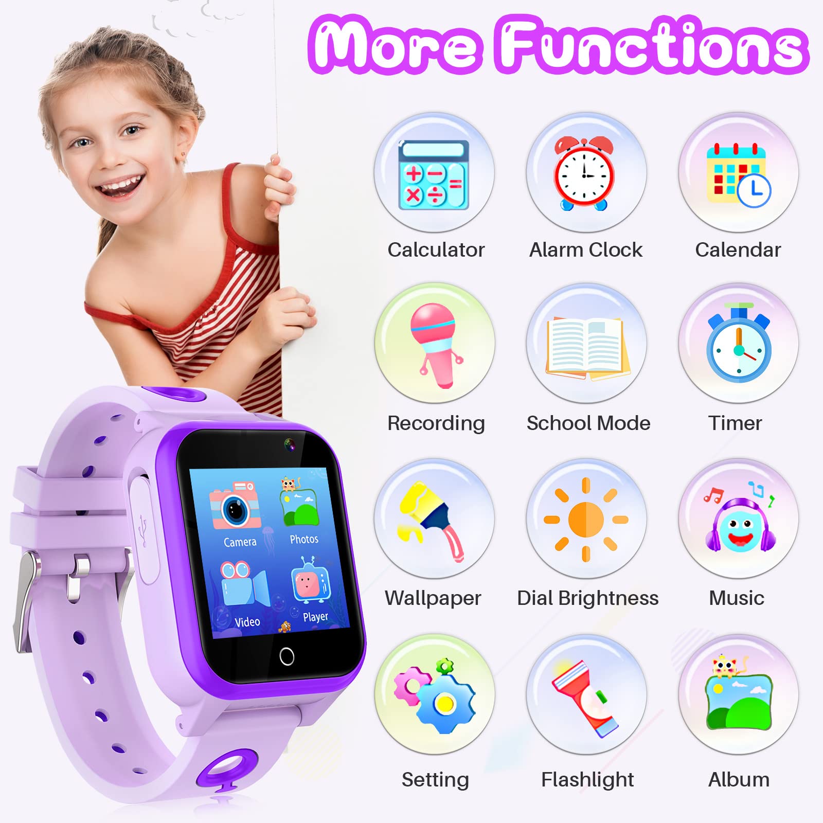 Montre intelligente de jeux pour enfants avec écran tactile, 18 jeux, appareil photo, podomètre, réveil, lecteur MP3, montre musicale pour enfants, garçons et filles, cadeau de Noël et