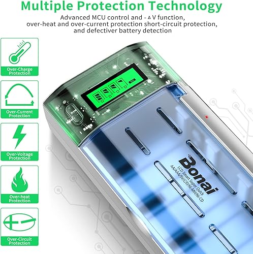 Miniatura 11 de BONAI Cargador De Batería Inteligente Para AA AAA C D 9V Ni-MH Baterías Recargables Con Función De Descarga Y Pantalla LCD Carga Rápida - Negro