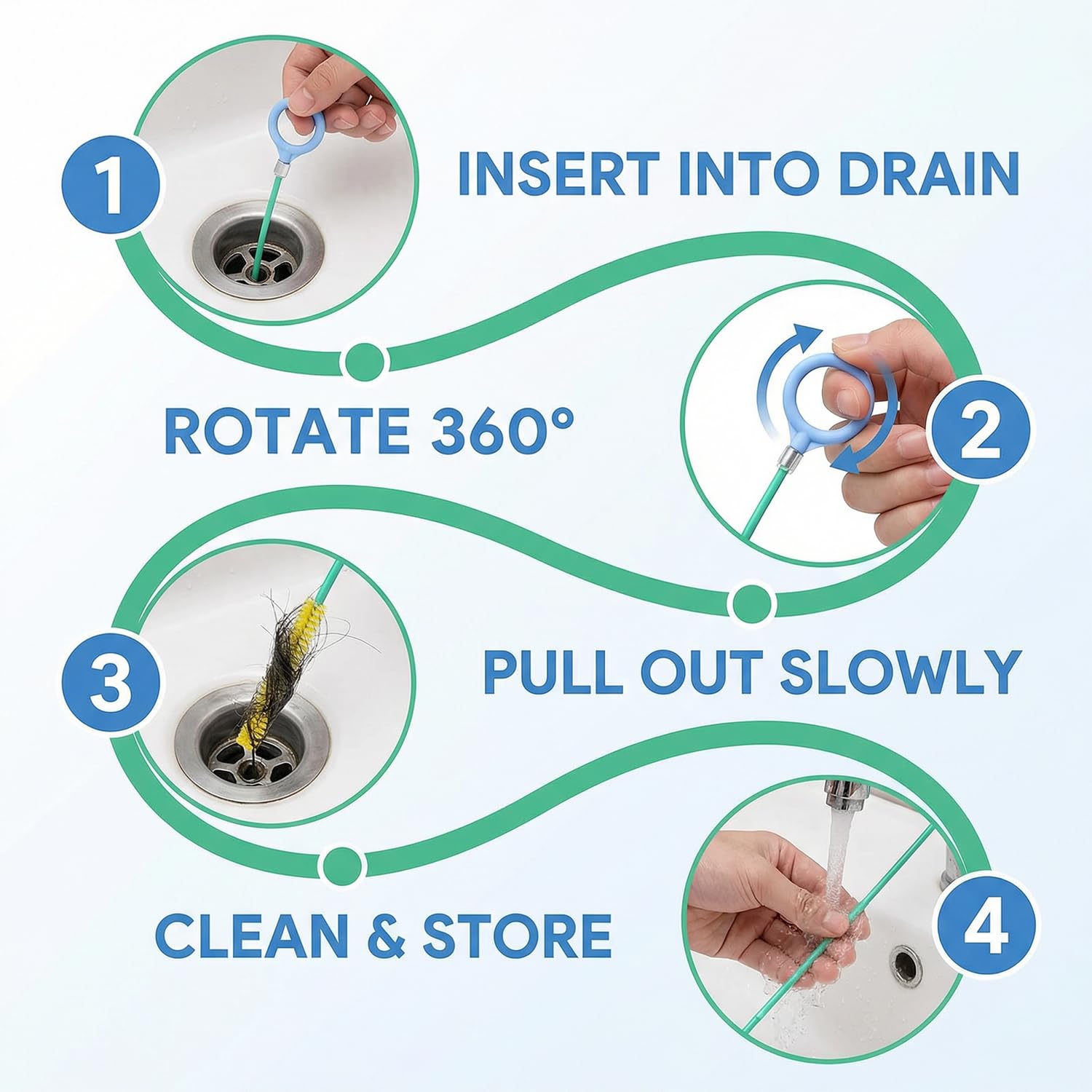 Paquete de 3 limpiadores de desagües en espiral de 130 cm, serpiente de drenaje con revestimiento de nailon de acero antiroturas, recogedor de pelo flexible para cocina, baño y bloqueo de