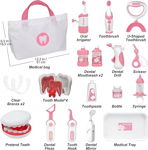 Miniatura 5 de Liberry Kit de médico de juguete para niños pequeños de 3, 4, 5 años, juego de 22 piezas para dentistas con bolsa médica y herramientas dentales,