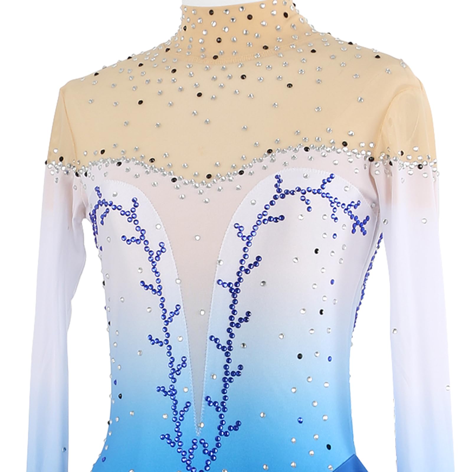Vestido de Patinaje artístico, Cuello Alto con Diamantes de imitación degradados, Traje de competición, Leotardo de Danza lírica y Gimnasia, Vestido de Patinaje sobre Hielo (Azul XXL)