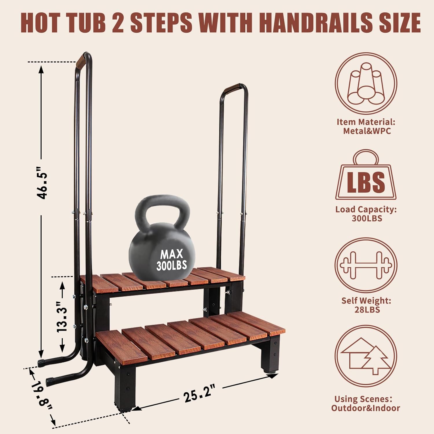 Hot tub Step Stairs with handrails, Spa/Bathtub Two Steps with Railing, Aluminium Bracket & WPC Panels, 300LBs Loading Capacity