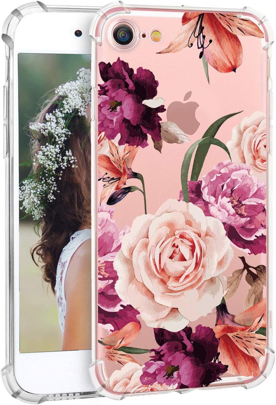 hepix iPhone 7 Floral Case Flowers iPhone 8 Case for Girls Women, Soft Flexible Clear TPU with Protective Bumpers Pink Purple Roses Phone Back Cover