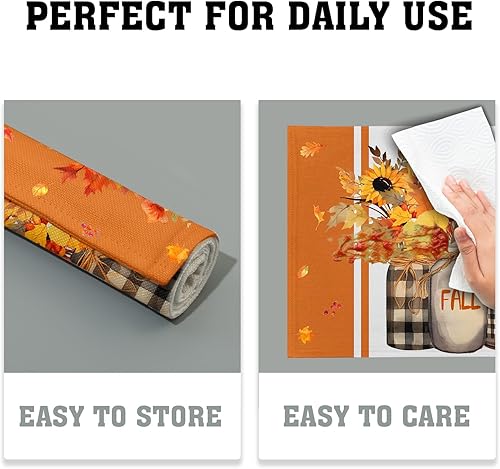 Miniatura 6 de Juego de 4 manteles individuales de otoño de girasol, lino a cuadros de otoño, hojas de flores de otoño, manteles individuales para casa de campo,