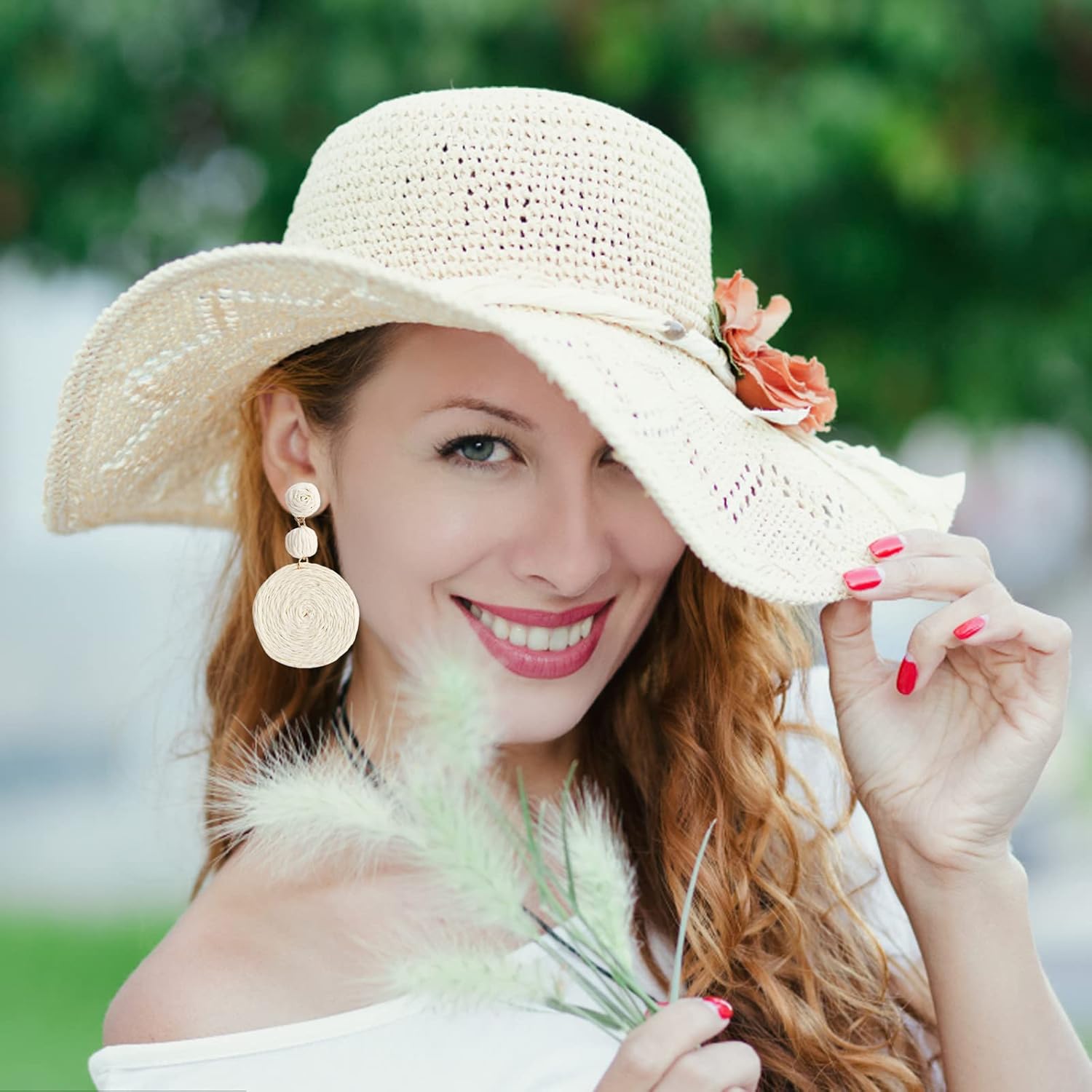Boho Raffia Ball Earrings for Women, Handmade Statement Drop Earrings Straw Dangle Earrings Beach Vacation Jewelry - Image 2
