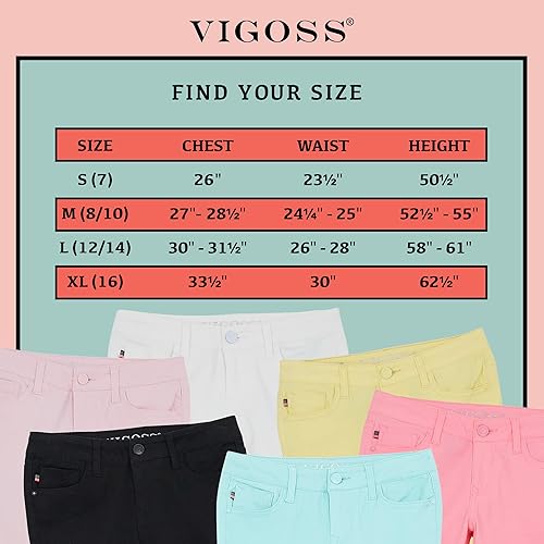 Miniatura 8 de VIGOSS Pantalones cortos para niñas Pantalones cortos básicos de sarga elástica suave para niñas Pantalones cortos ajustables para niños (4-16)