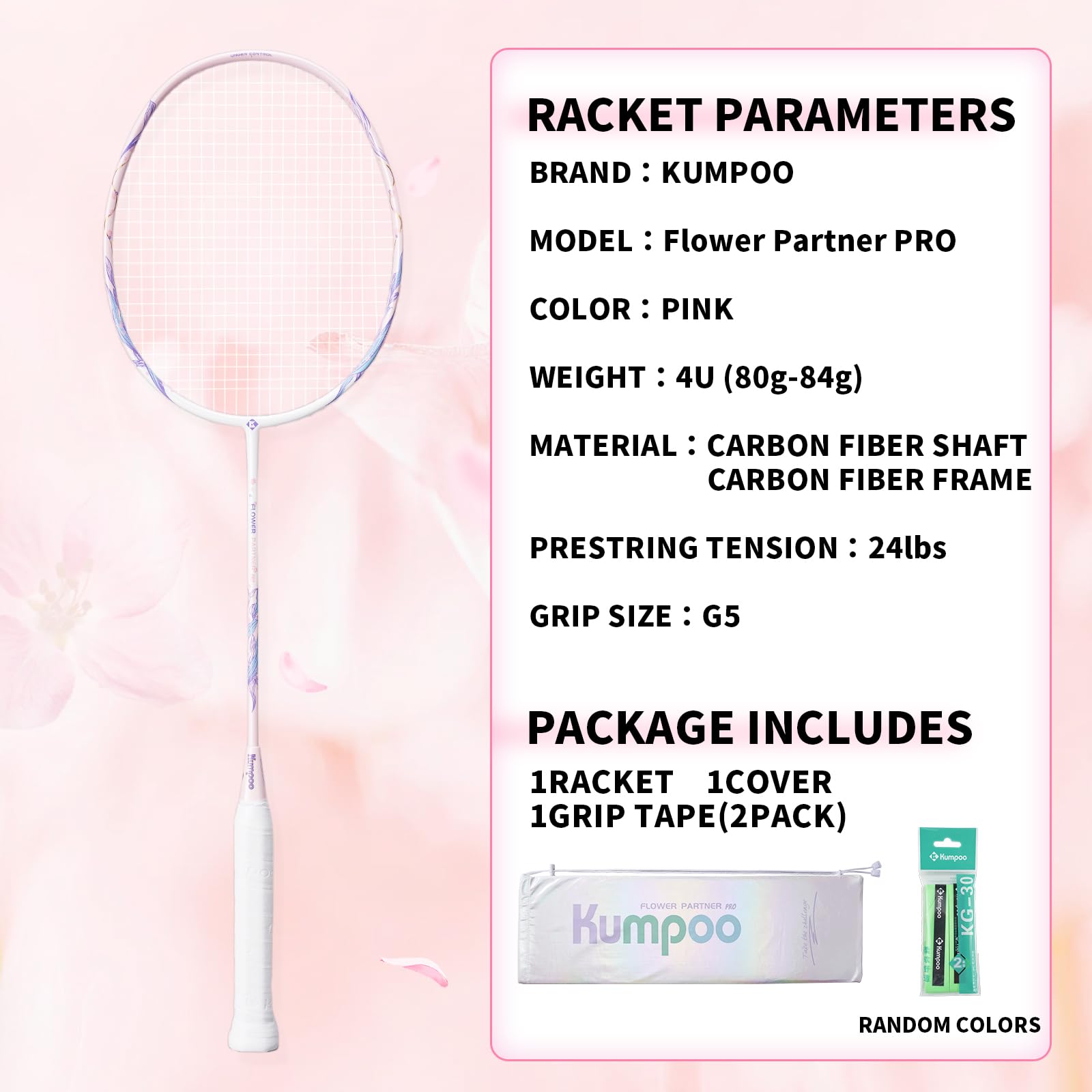 Racchetta da badminton professionale 4U leggera ad alta resistenza, in fibra di carbonio, set rosa con nastri antiscivolo e copertura per principianti, giocatori intermedi, Flower Partner Pro