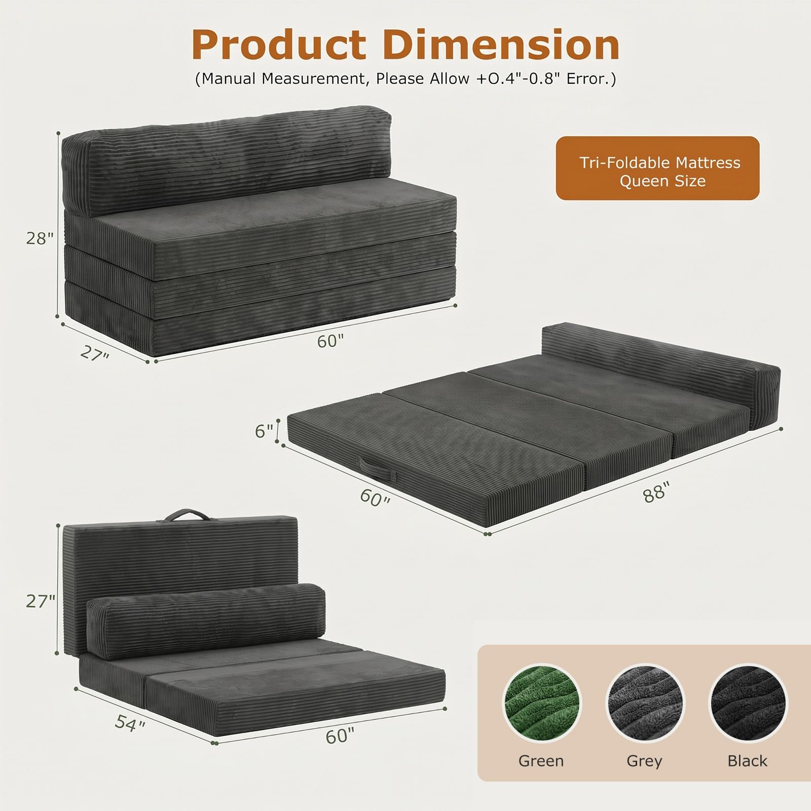 JUIKURY 6 Inch Tri-Fold Memory Foam Mattress Queen Size, 5 in 1 Convertible Sofa Bed, Foldable Floor Futon Sleeper Couch with Washable Cover & High-Density Foam, Portable Guest Bed for Living Room
