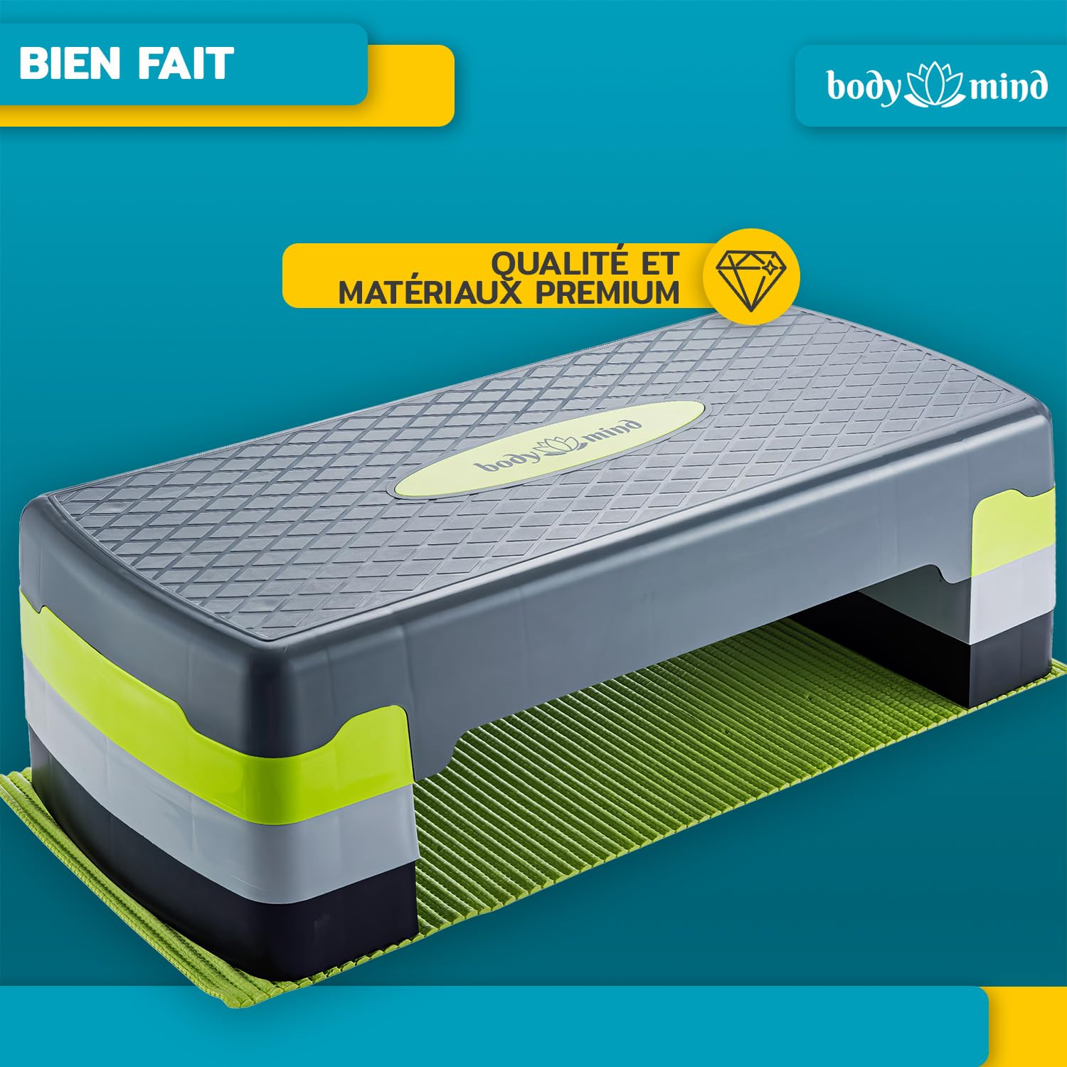 Body & Mind® Stepboard aérobic Deluxe 2-étapes Stepper Step-Bench avec tapis antidérapant gratuit & E-Book d'entraînement exclusif