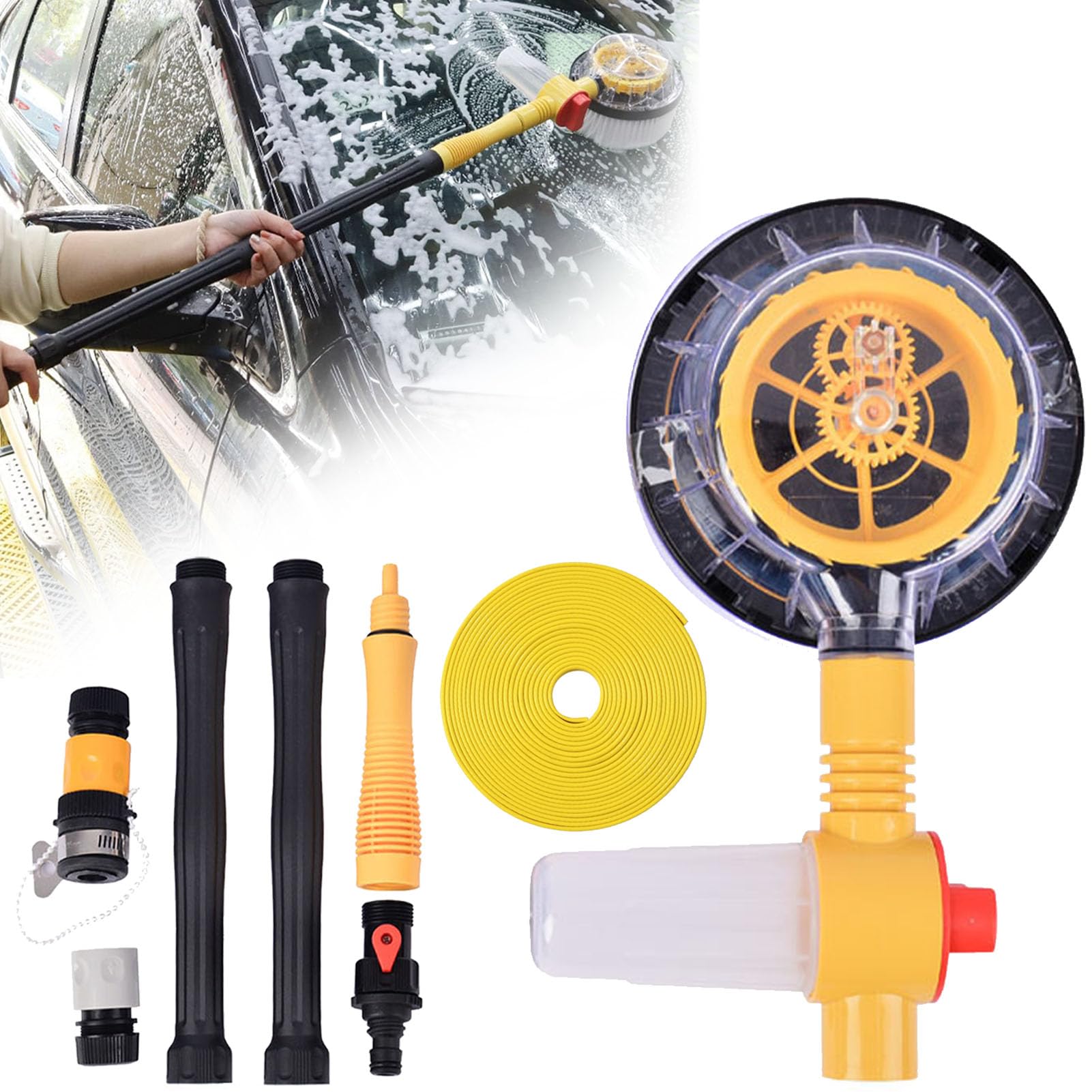 Cepillo para Lavar Coche con Mango Largo y Boquilla de Manguera, Giratoria Kit Limpieza Coche con Depósito de Jabón, Cepillo de Limpieza de Microfibra Extraíble para Caravana, Camión, Jardín