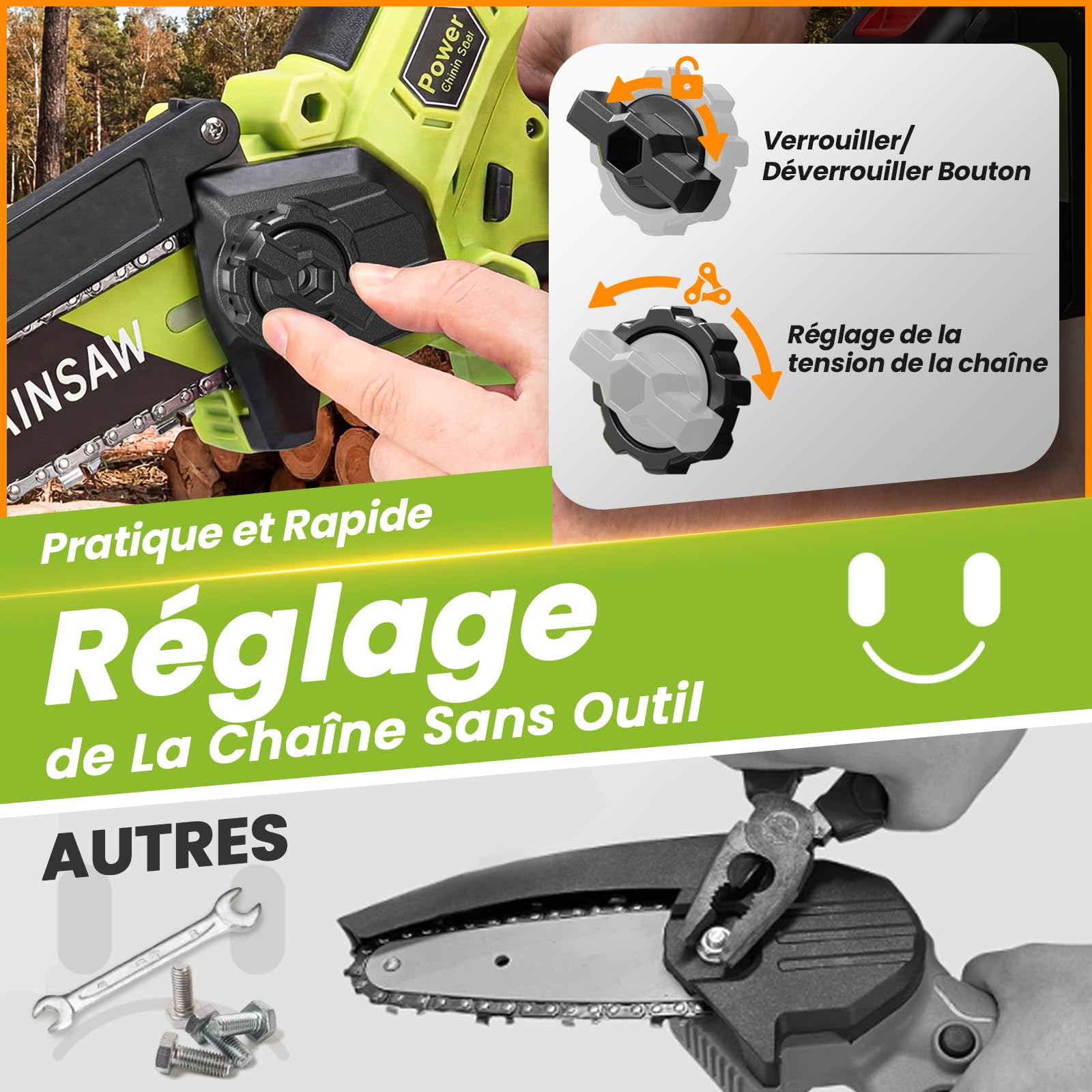 Mini Tronconneuse a Batterie 4000mAh, 8 Pouces 1300W Brushless Tronconneuse Électrique sans Fil avec Graisseur Automatique et Chaîne de Remplacement, Compatible Makita 18V, Idéal Extérieur & Jardinage