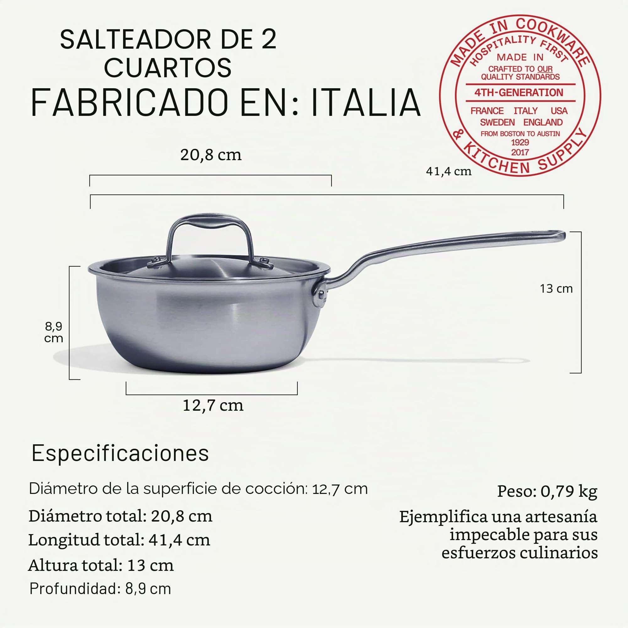 Made In Utensilios de cocina - Sartén para salsa de acero inoxidable de 2 cuartos - Revestimiento de acero inoxidable de 5 capas - Utensilios de cocina profesionales - Italia- Compatible con inducción