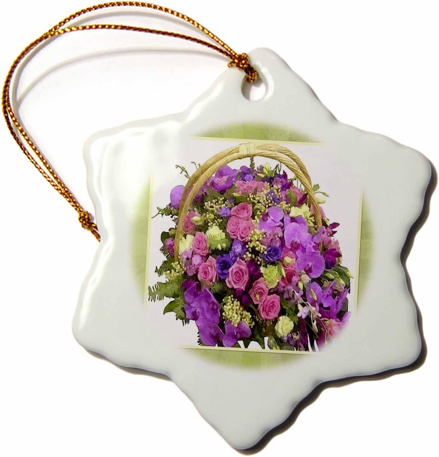 3dRose Basket of Flowers Snowflake Porcelain Ornament, 3-Inch