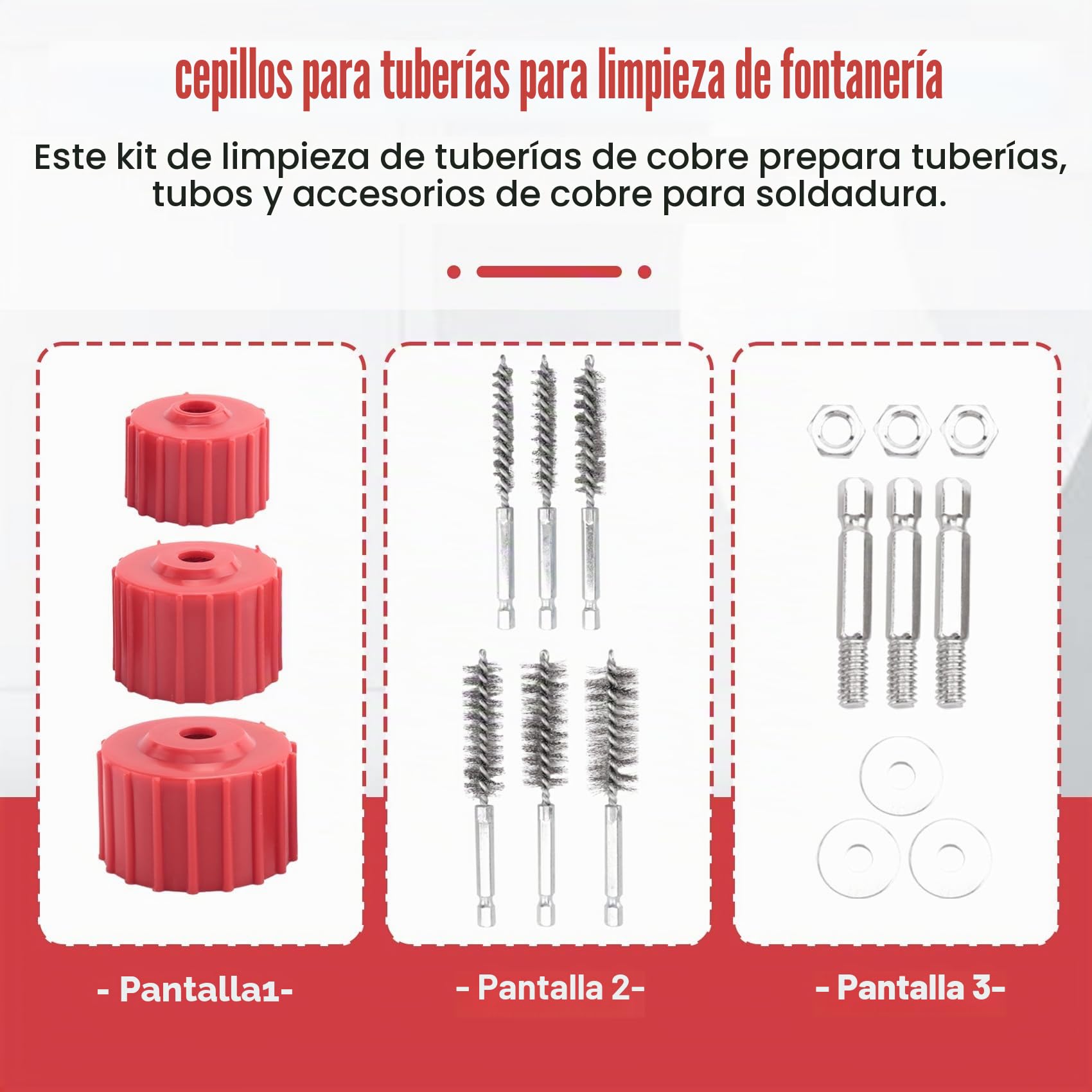 Kit de limpieza de tubos de cobre para taladro, cepillo de limpieza de tuberías, limpieza de tubos de cobre, mangueras y accesorios para soldar