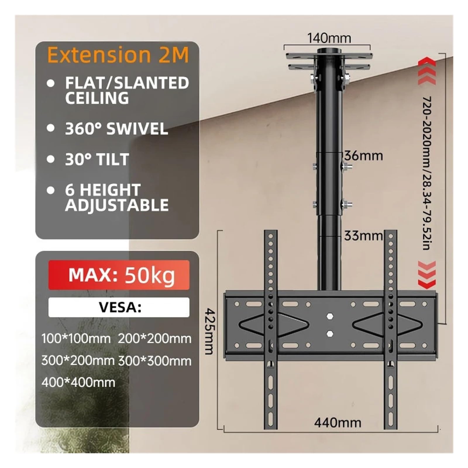 Il Supporto for TV Da Soffitto Può Ruotare E Inclinarsi, Adatto for Monitor LCD LED Da 26-60 Pollici, Altezza Regolabile Su 6 Livelli, 400x400 Mm