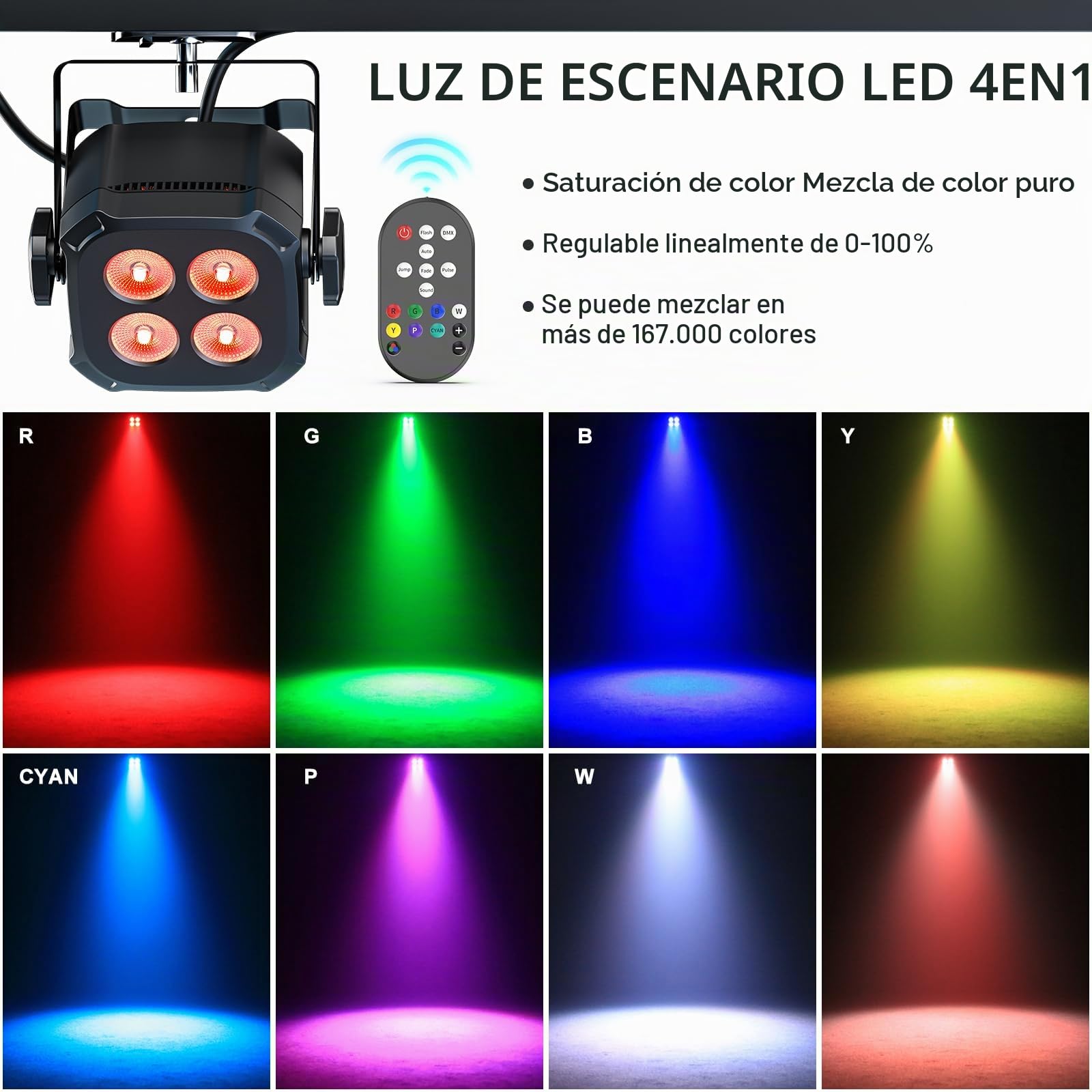 4PCS RGBW Foco Par LED, 40W Luces Discoteca DMX 4/8CH con Control Remoto/Sonido Activado Luz de Escenario, Luces Fiesta para DJ, Bar, Boda, Halloween, Navidad