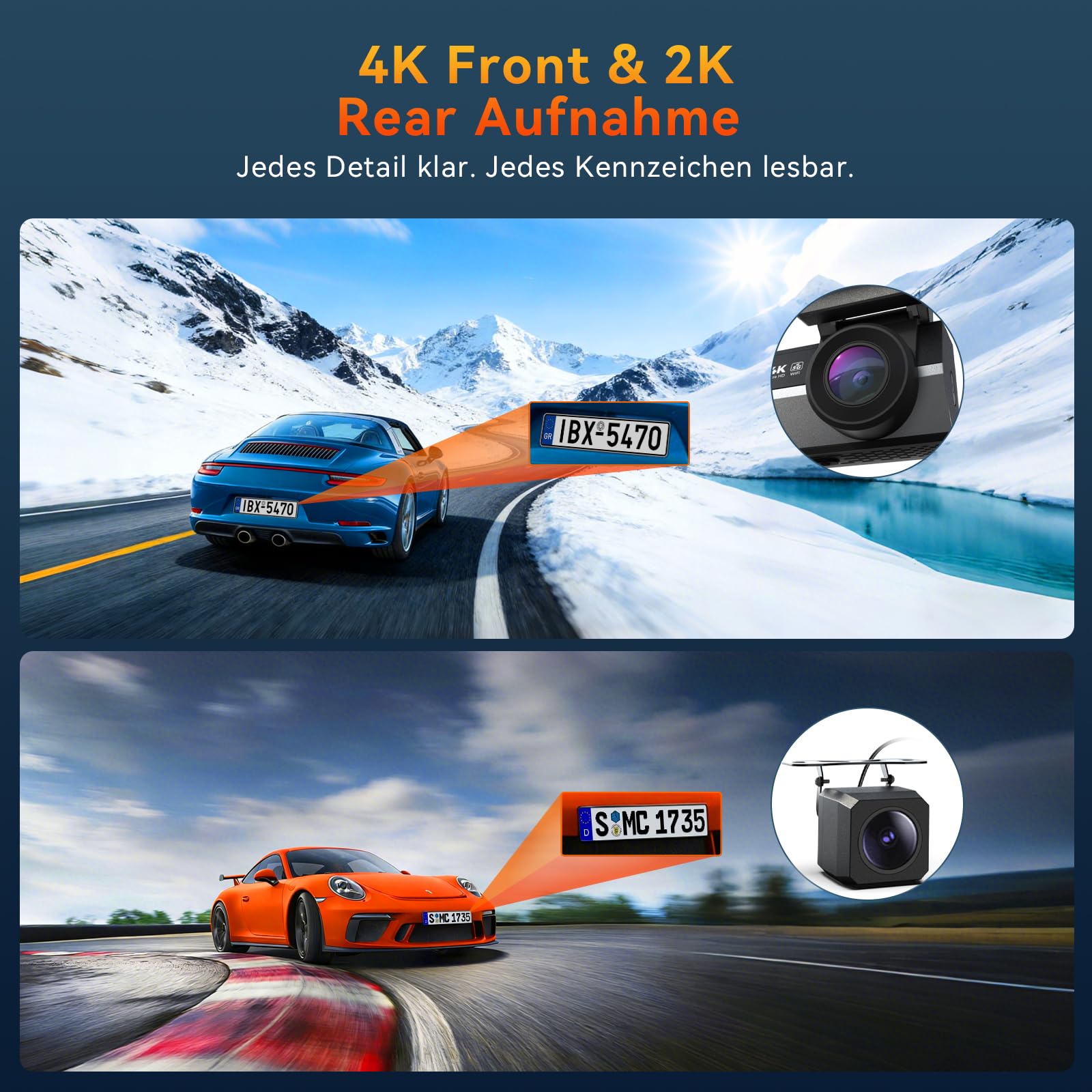 Dashcam Auto Vorne Hinten 4K+2K mit 64GB Speicherkarte, WLAN Dashcam mit Rückfahrkamera, 24H Parküberwachung, WDR Nachtsicht, 170° Weitwinkel, 3,2" Display, G-Sensor, Loop-Aufnahme