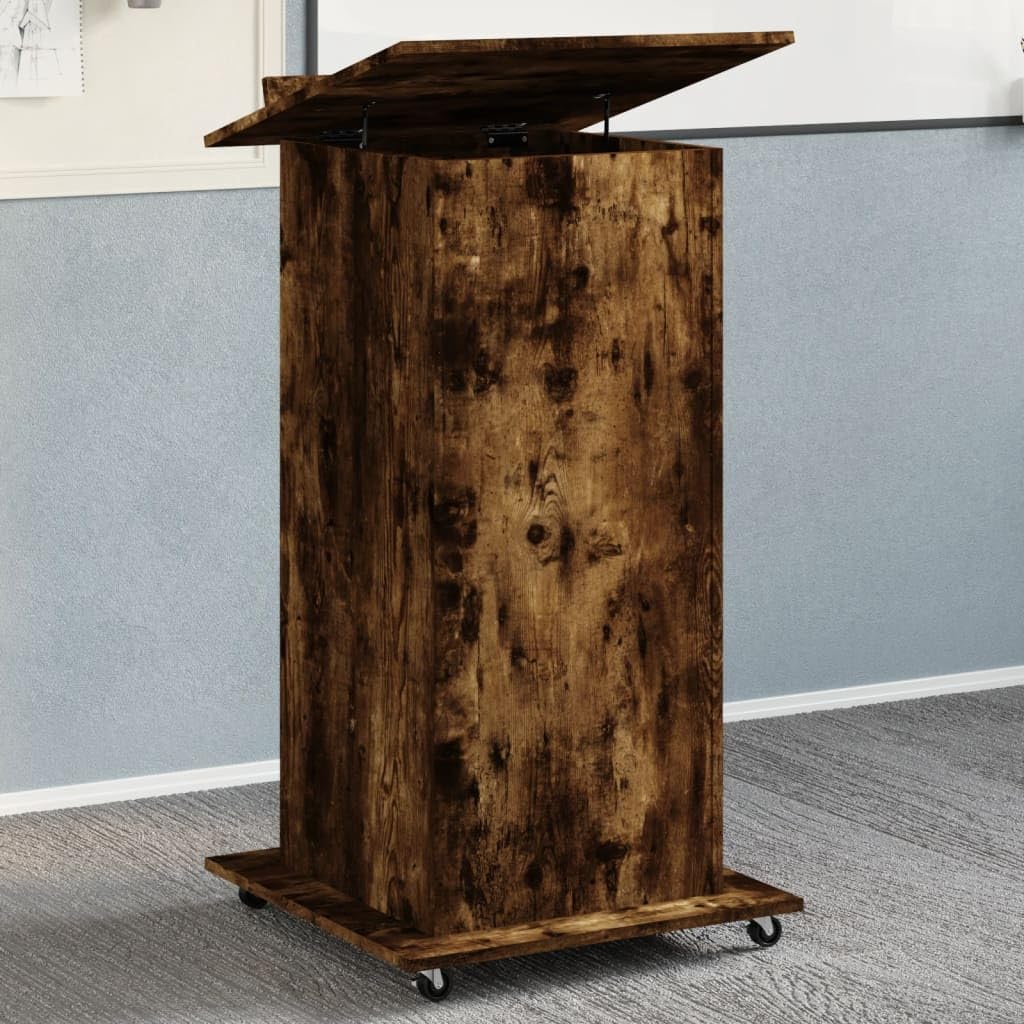 Scrivania in legno di rovere affumicato con ruote, piano superiore inclinabile, cassetto, 55 x 55 x 107 cm, segretario mobile per ufficio, casa, presentazione, spazio di archiviazione