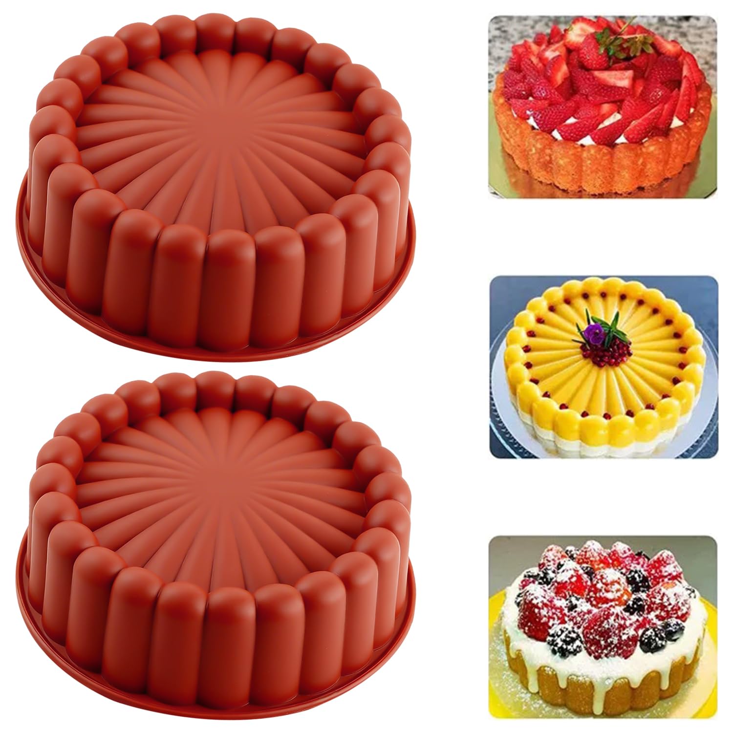 YXHZVON 8Inch Charlotte Cake Mold, 2PCS Silicone Charlotte Cake Pan, Baking Pastry Molds, Reusable Round Cake Tray for Baking for Cake, Muffins, Bread (Brick Red)