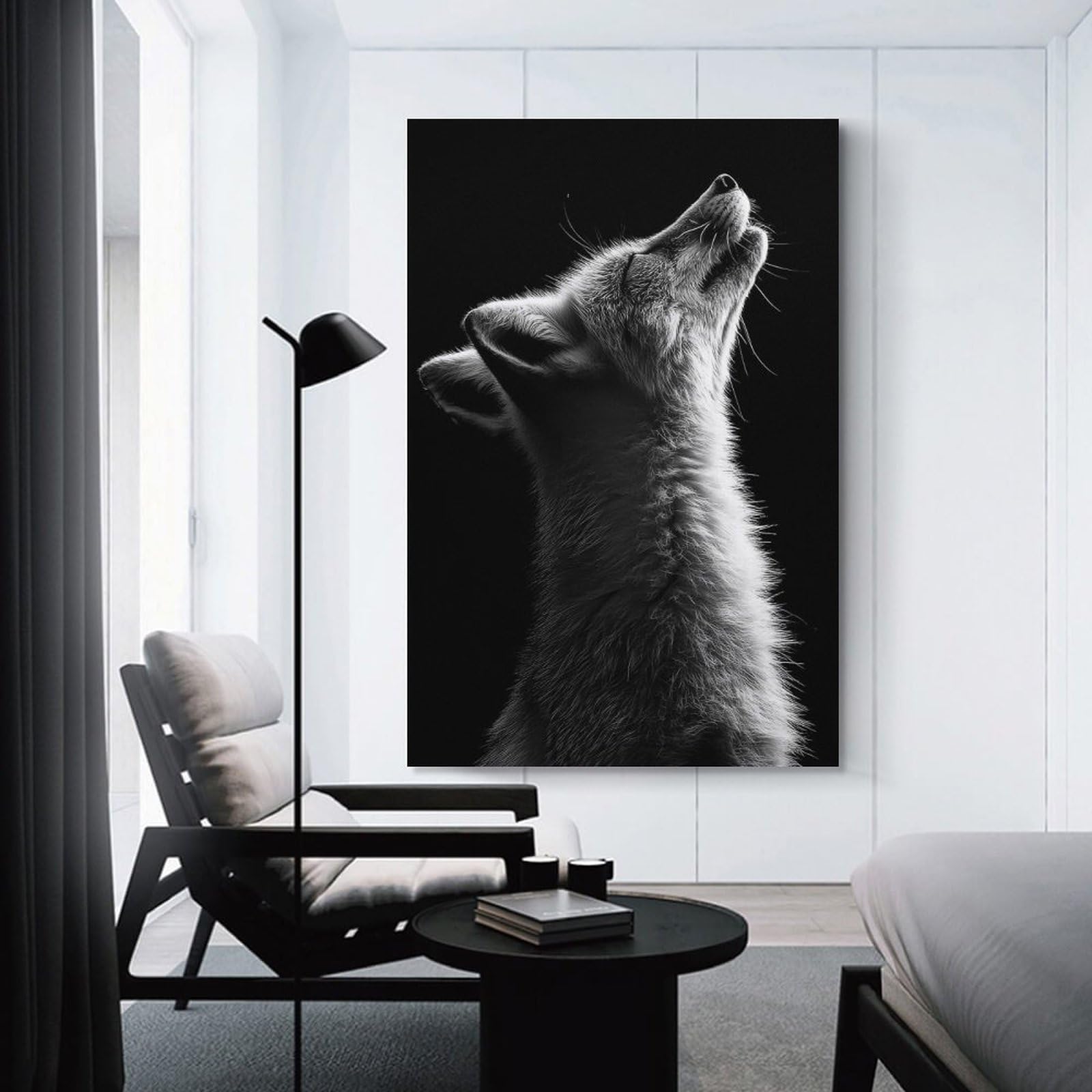 Junmoney Unframe-Style-5 Fox Silhouetted Against Black Canvas Wall Decor, 24X36inch(60X90cm), For Flats, Guest Rooms Or Compact Rooms, Decorative Canvas Decor For Home Updates