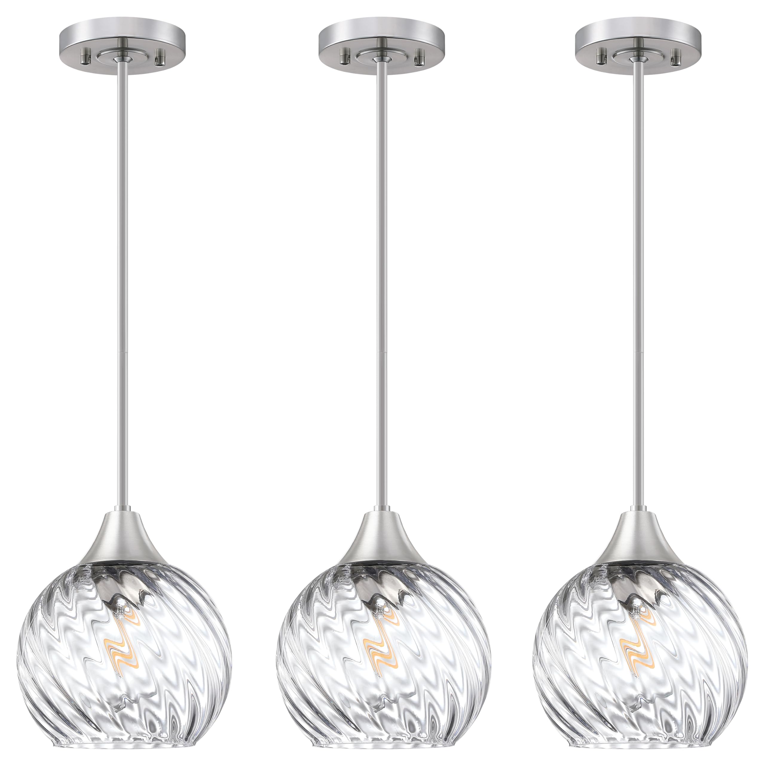 3 Pack 1 Light Hanging Indoor Kitchen Island Pendant Light 6.3" Clear Stripe Glass Pendant Ceiling Light Fixtures Brushed Nickel Finish,Modern Farmhouse Dinning Over Sink