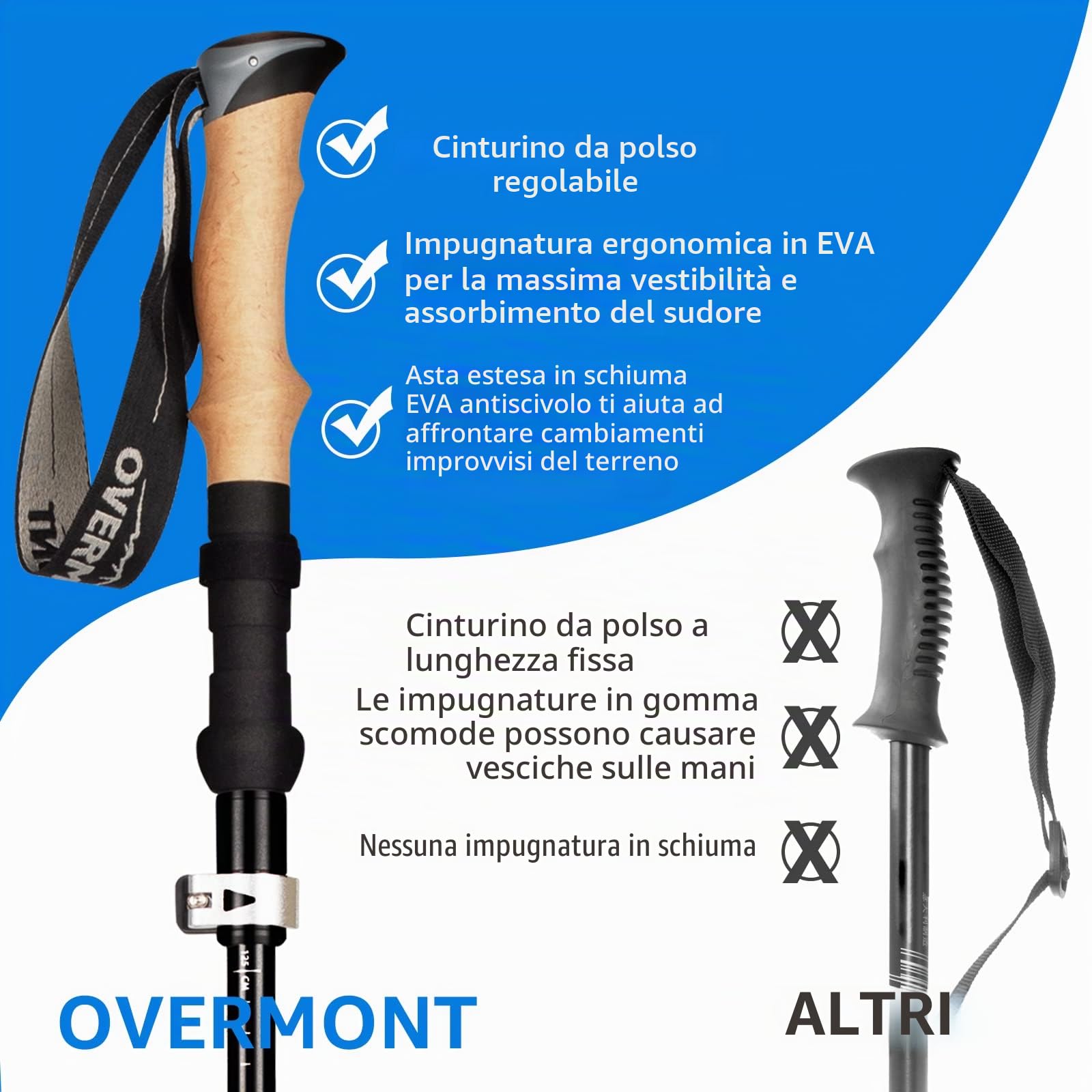 Overmont Bastoni Trekking - Bastoncini da Trekking Pieghevole Regolabile 105-125cm - 1 Paio Ultraleggeri Nordic Walking Bastoni con Manico in Sughero - per Montagna Escursioni Neve