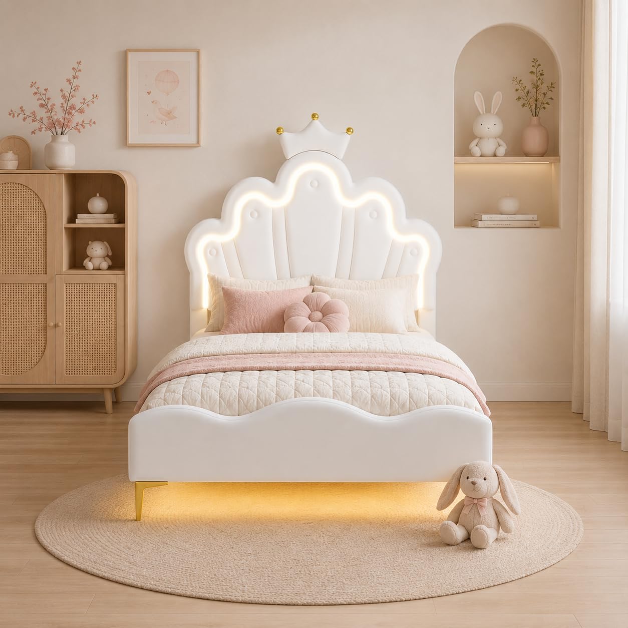 Aneutr Upholstered Single Bed Frame with LED, 3ft Princess Bed for Girls