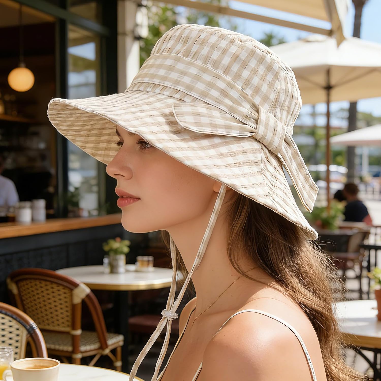 Women's Summer Plaid Sun Hat 100% Cotton Beach UV Protection Fishing Hat