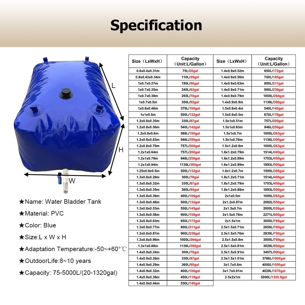 Sacca di stoccaggio dell'acqua di grande capacità da 75-5000 L, borsa for serbatoio dell'acqua portatile pieghevole for camper, camion, campeggio, emergenza(Blue,2.5x2x1m/5000L/1320.9gal)