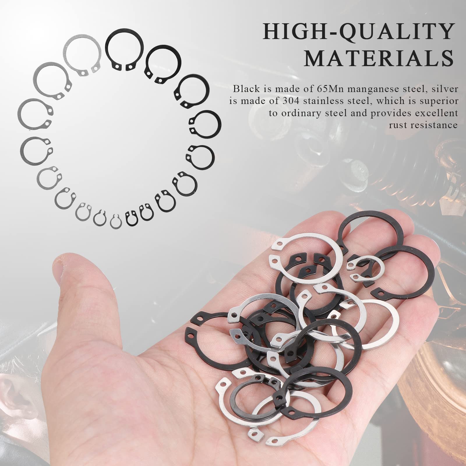 HSEAMALL Kit surtido de anillos de retención externos, juego de clips en C en ejes ranurados, pines, pernos (760 clips C negro + plateado)