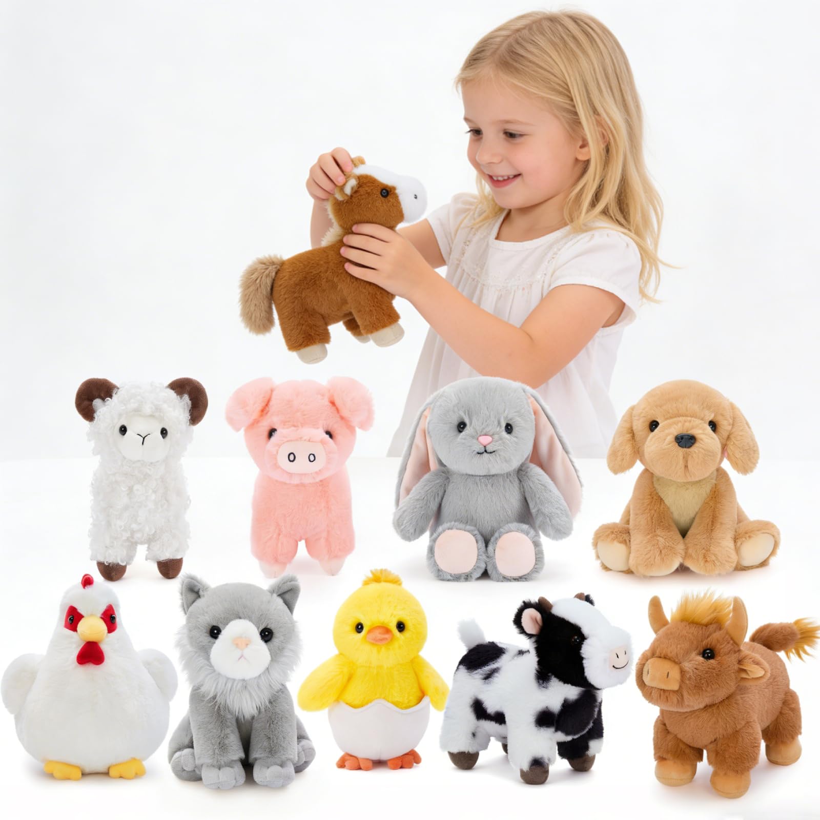 MaoGoLan 10 Pack Farm Animal Plush Set Bulk Stuffed Farm Collection with Horse Cow Dog Cat More Educational