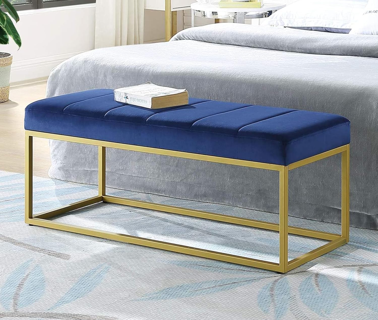 DECORO CRAFTS Metal End of Bed Bench-Upholstered Entry Shoe Storage with Nailhead Trim,Black Mental Frame Ottoman Bench for Bedroom Entry Window Mudroom Living Room - Blue-picture-22