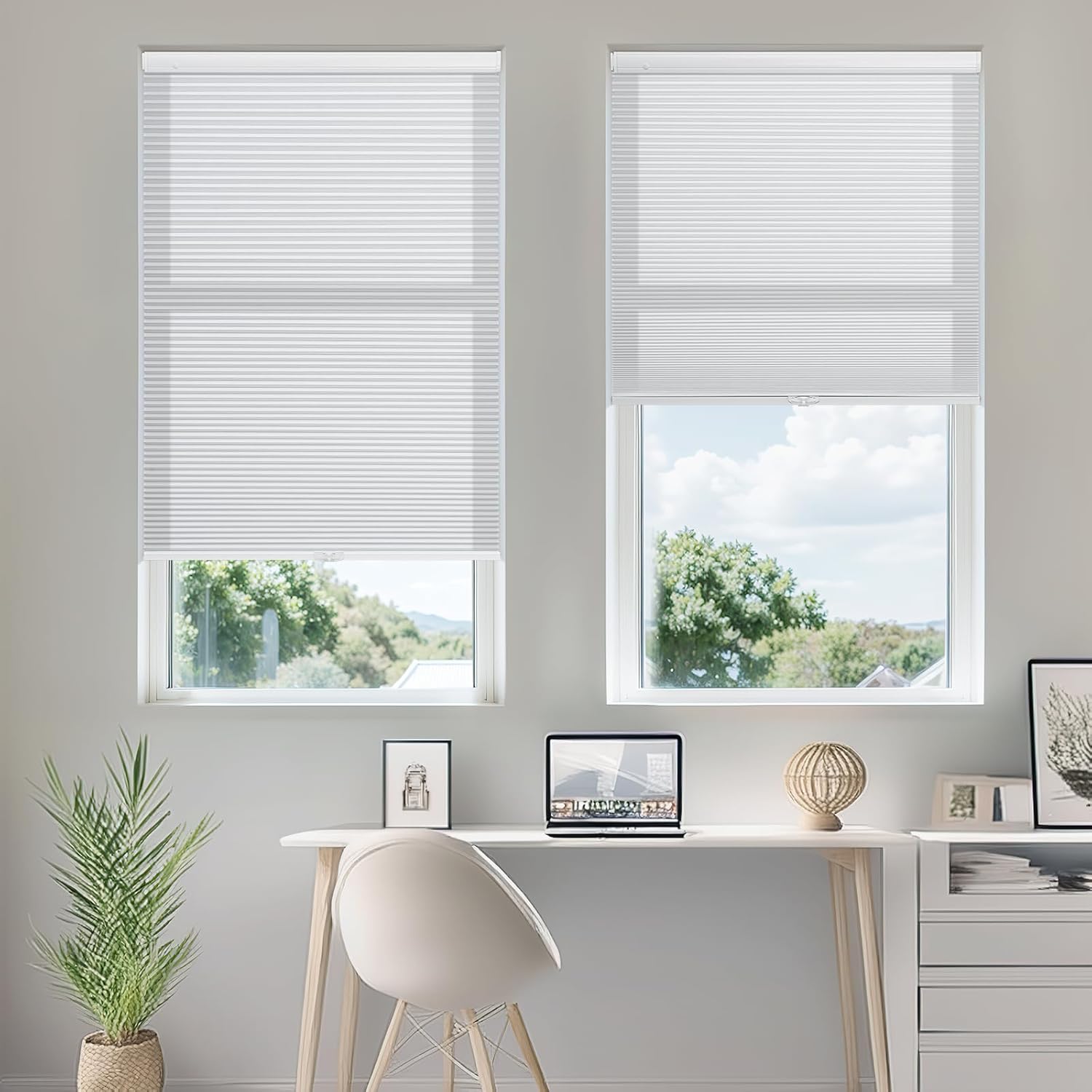 Cordless Cellular Shades No Drill Blinds for Indoor Window, Pull Down Easy Install Honeycomb Blinds Custom Fabric Thermal Insulated Shades (White-Light Filtering, 29" W x 48" H)