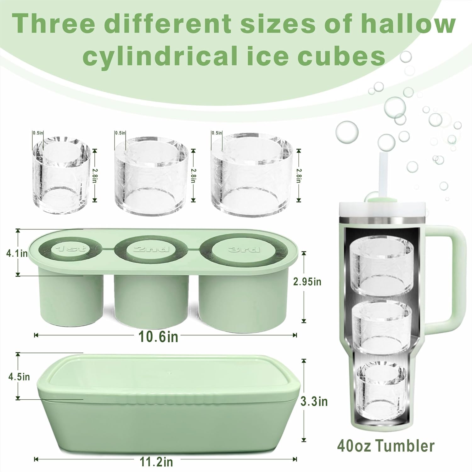 2pc Silicone Ice Cube Tray for Stanley Tumbler 40oz, Ice Cube Maker with Lid for Stanley Cup for Making Iced Water, Tea, or Coffee, Green