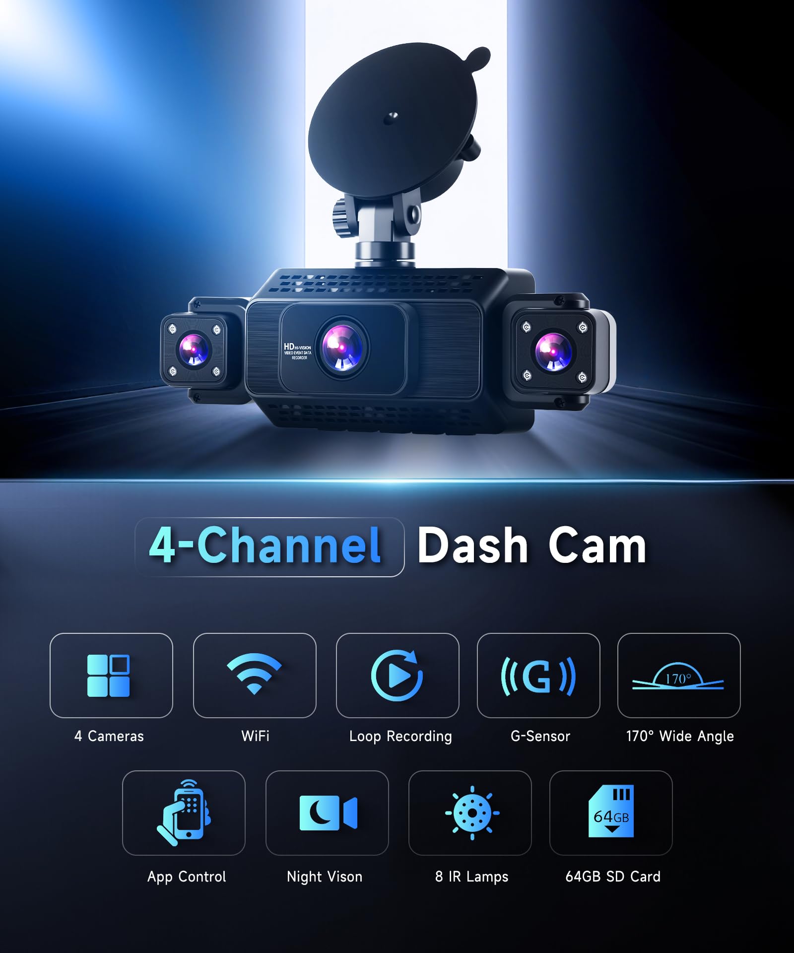 VECHTEL 2K Dashcam per auto anteriore e posteriore con WiFi, 4* Dash Cam 480P Telecamera per auto con schermo IPS da 3 pollici,visione notturna,sensore G,protezione a 360 gradi,con 64 GB