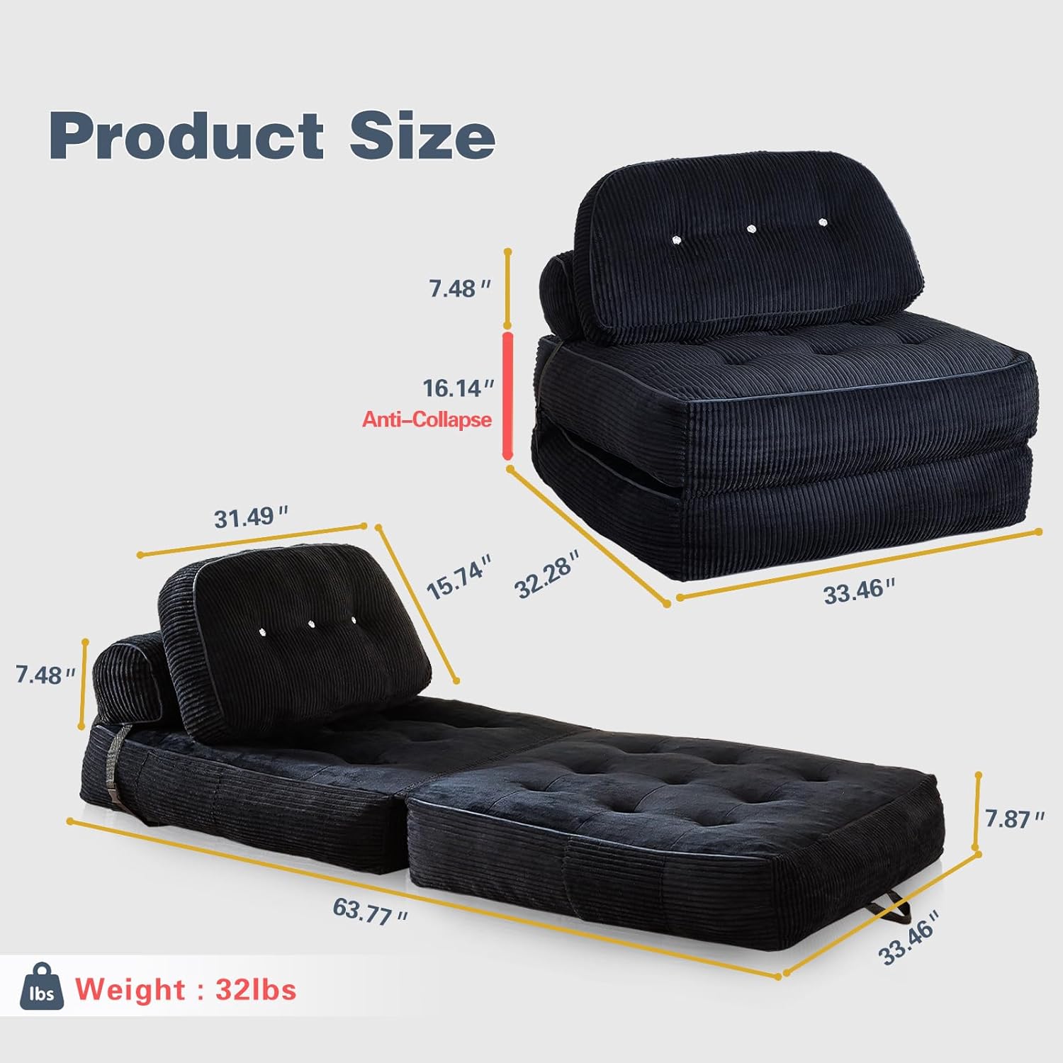 Convertible Folding Sofa Bed - Memory Foam Futon Couch Bed with Flannel Mattress, Pillow & Blanket, Sleeper Chair for Small Space Apartment Guest Room | Easy Assembly & Anti-Sagging, Black