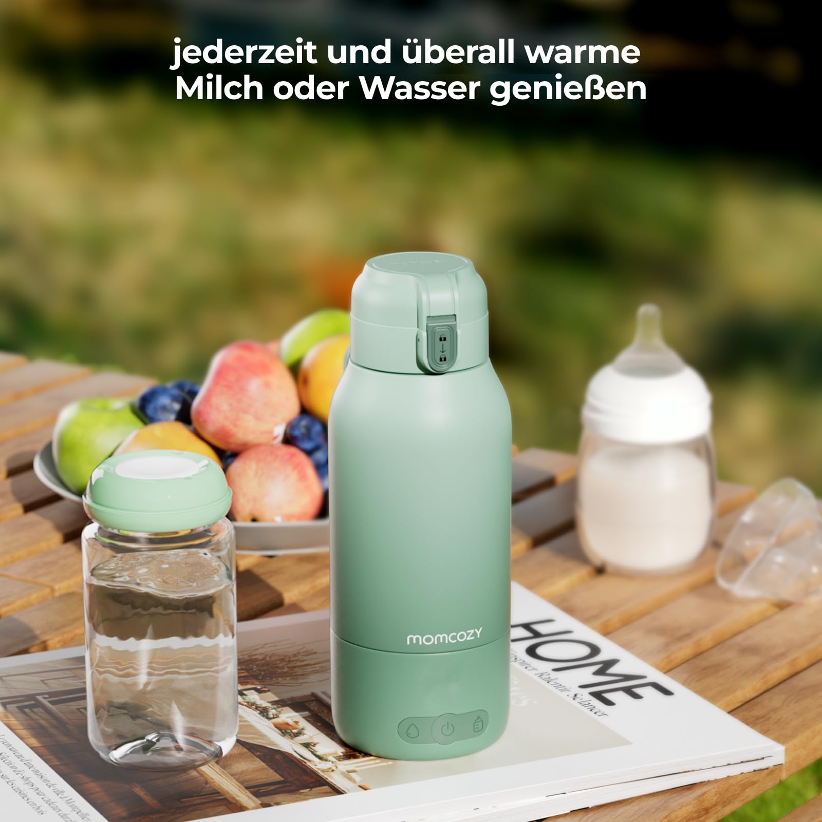 Momcozy MW05 Tragbarer Flaschenwärmer Baby 500ml Kapazität Akku TÜV-CE zertifiziert Schnellaufheizen 3 Min BPA-frei USB-C Kabel Grün
