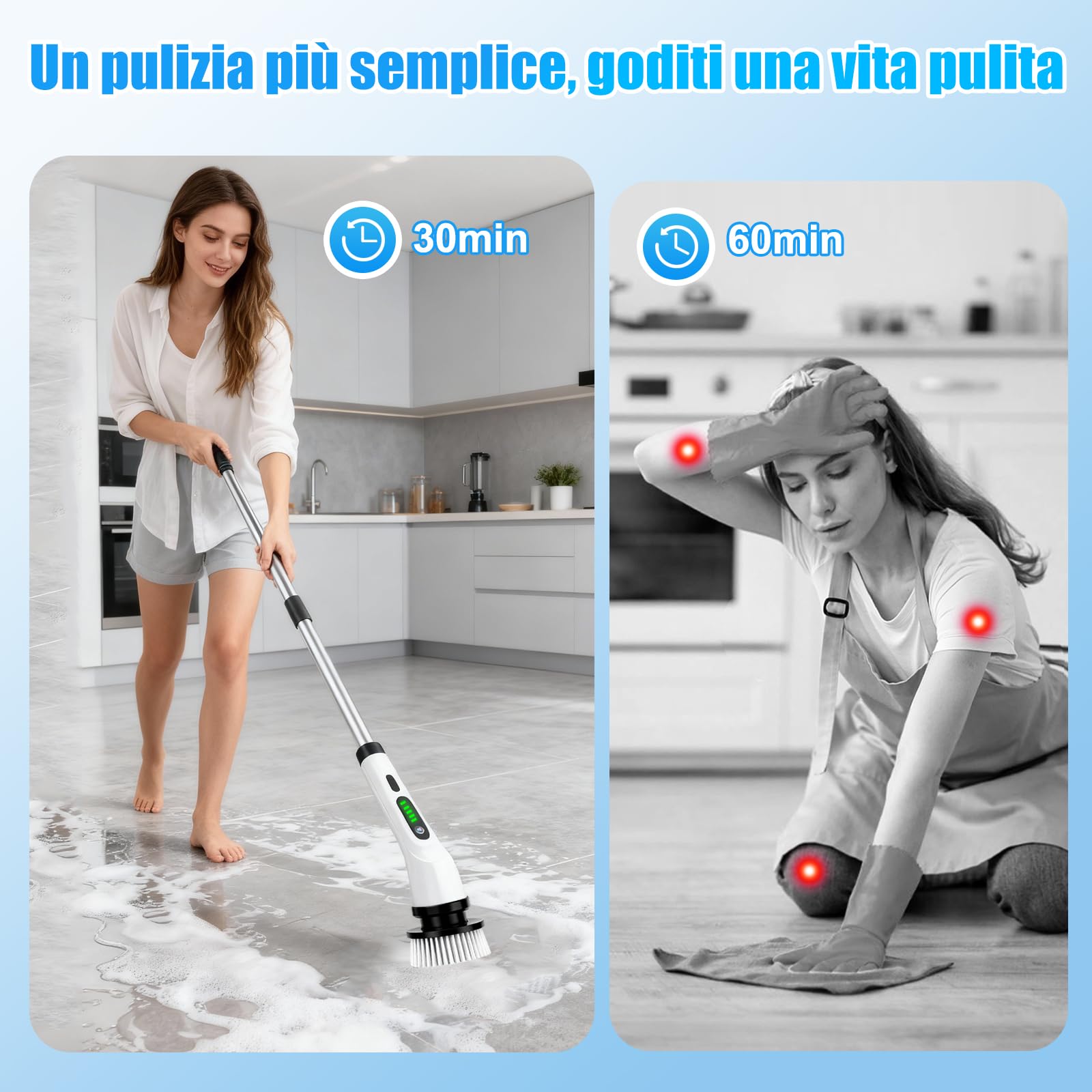 PATEMZON Spazzola Elettrica Rotante, 9 in 1 Spazzola Rotante Pulizia Casa-IPX7, Doppia Velocità e Manico Estendibile, Spazzola Elettrica per Doccia, Cucina, Auto, Piastrelle, Pareti, Pavimenti