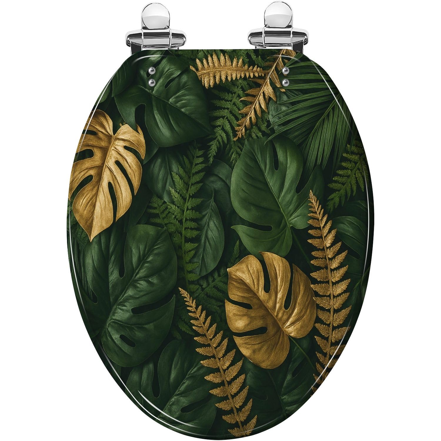 Tazyyzuu Multi6 Creative Gold Green Tropical Palm Leaves Resin Round Toilet Seat Slow Close Lid With Quick-Release Hinges(,18.5X14.5)
