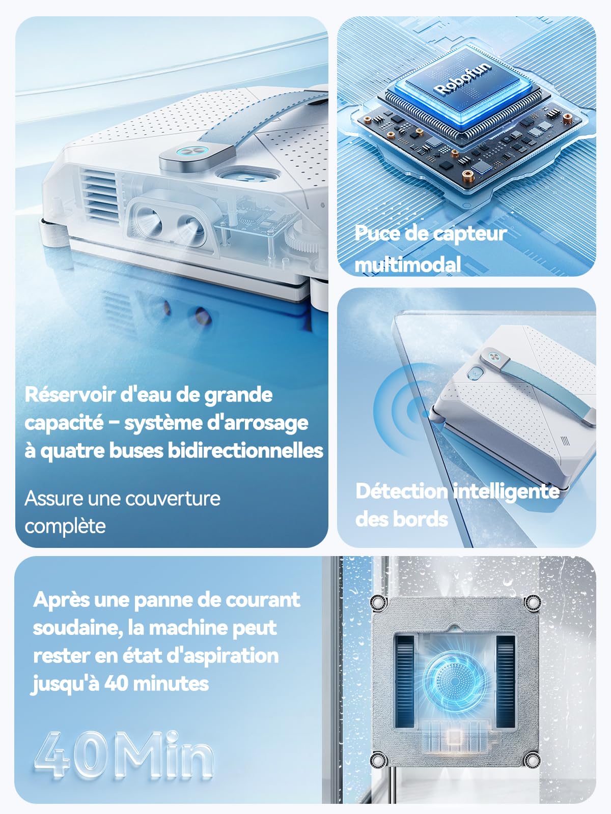 Keero Robot Laveur de Vitre Automatique, 9000Pa Lave Vitre Électrique avec Système 4 Buses, Détection Intelligente des Bords, 4 Modes de Nettoyage, Moteur Turbine, Robot Nettoyeur Vitre