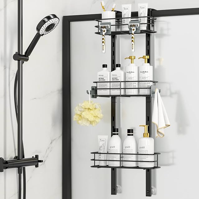 ODesign Shower Caddy Shelf Over Door with 4 Hooks Rustproof Bathroom Kitchen Storage Basket with Suctions for Large Shampoo Conditioner - 3 Tiers