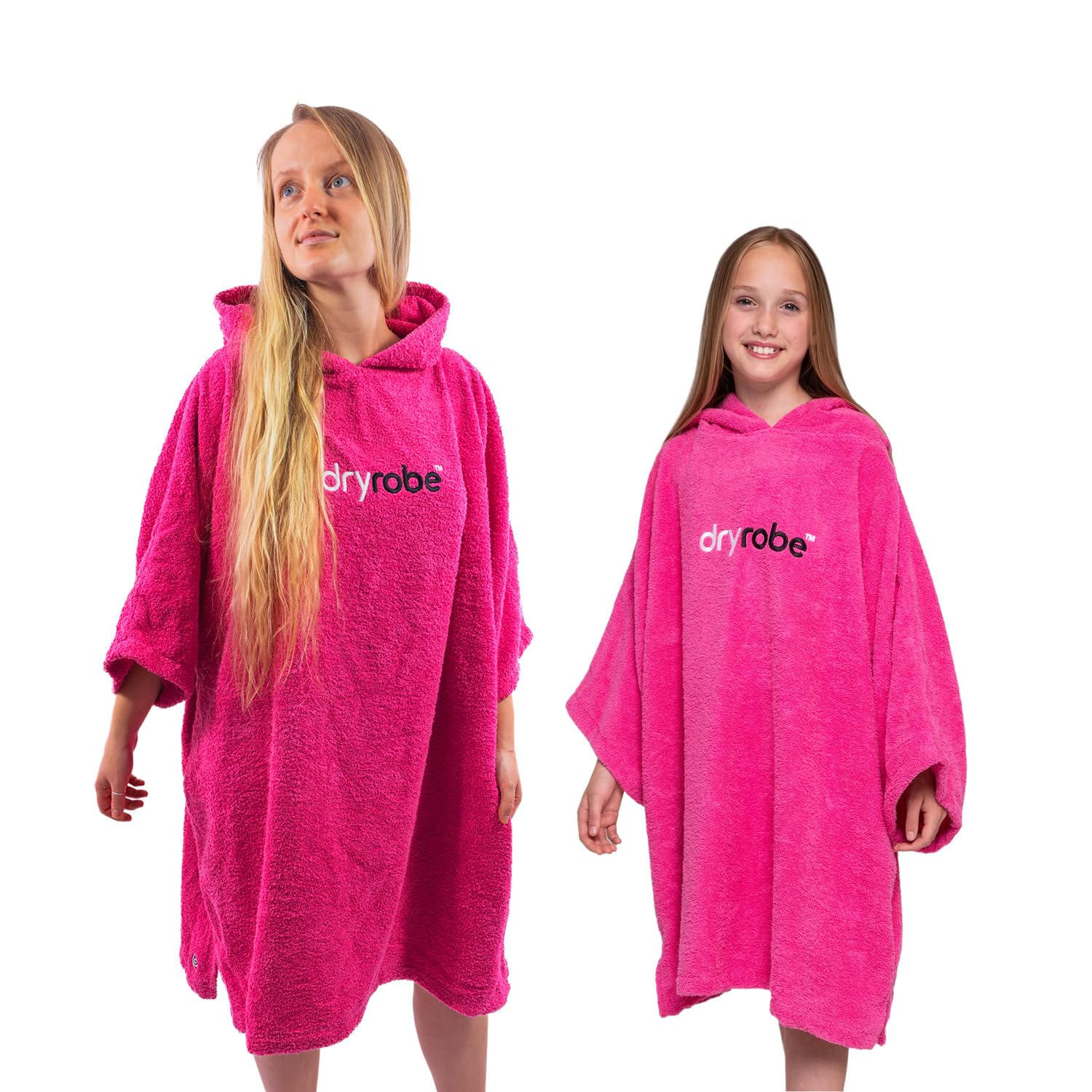 Dryrobe® Organic Towel Swim Robe - Short Sleeve Hooded Surf Poncho Changing Robe - Organic Cotton - for Swimming, Beach, Surfing - Kids Age 10-13 - Pink